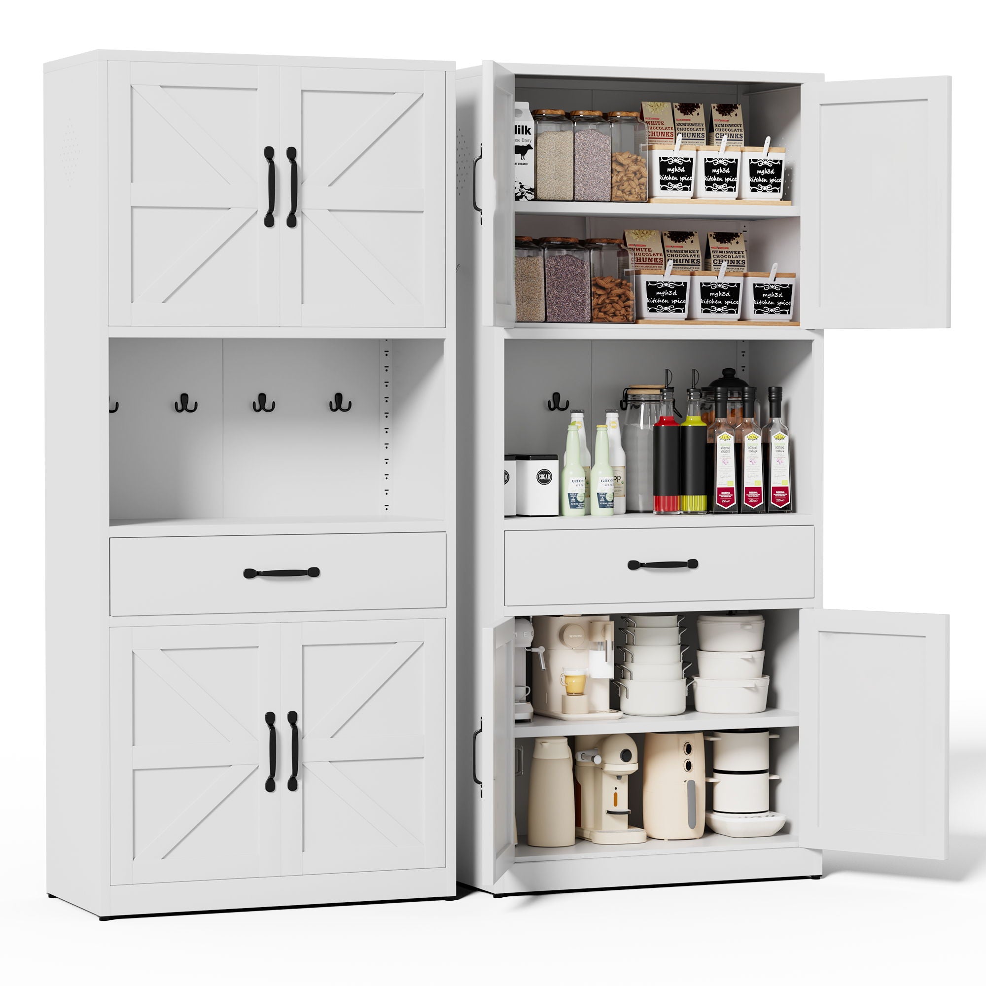 Kitchen Pantry Cabinet With Adjustable Shelves, Drawers, Hooks And Large Countertop - White