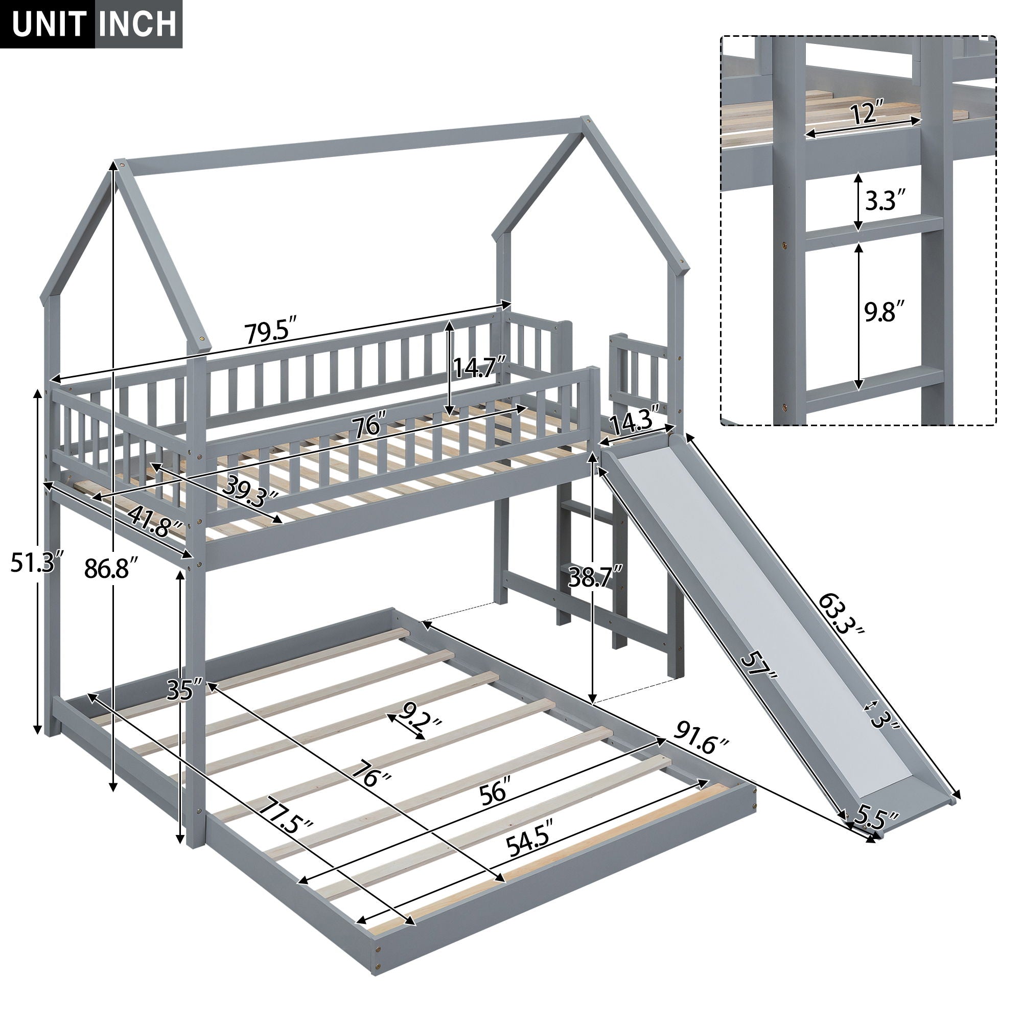 House Bunk Bed With Slide And Built In Ladder