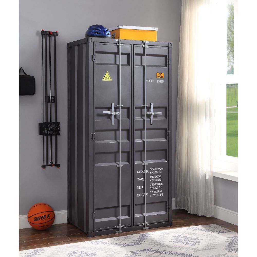 ACME The Cargo Wardrobe is an excellent addition for storage in any bedroom, garage, or even in an off-site storage unit. This functional piece is created from iron metal and includes two front doors with a rod for hanging clothes and five open compartmen