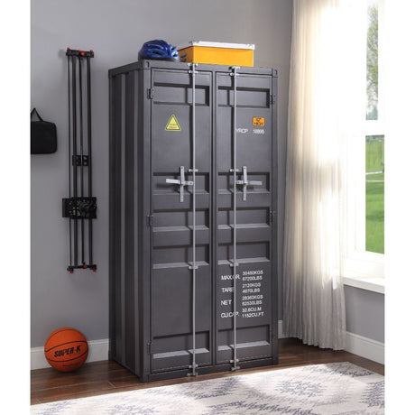 The Cargo Wardrobe is an excellent addition for storage in any bedroom, garage, or even in an off-site storage unit. This functional piece is created from iron metal and includes two front doors with a rod for hanging clothes and five open compartments.