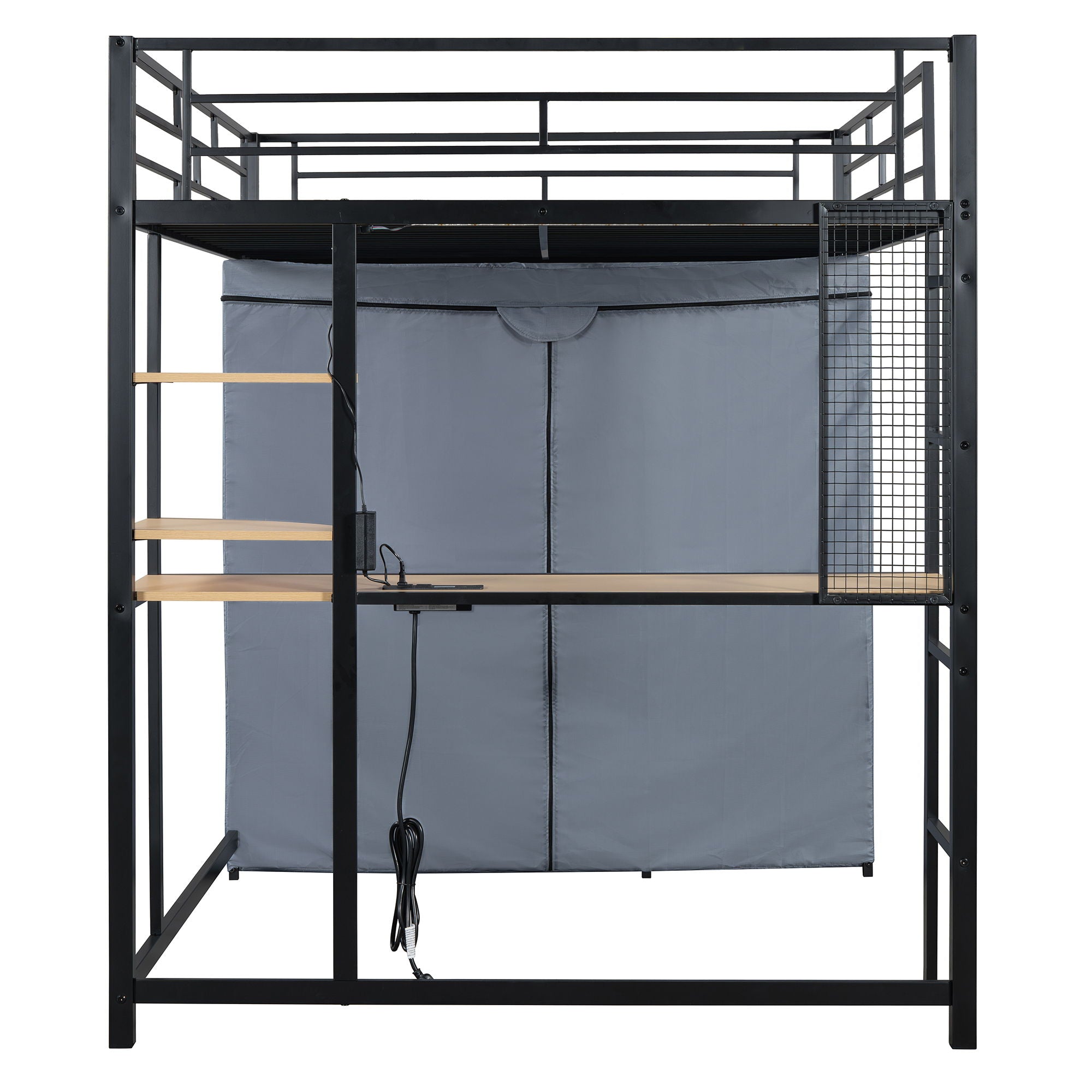 Loft Bed With Desk, Shelves, Power Outlet, LED Light And Wardrobe