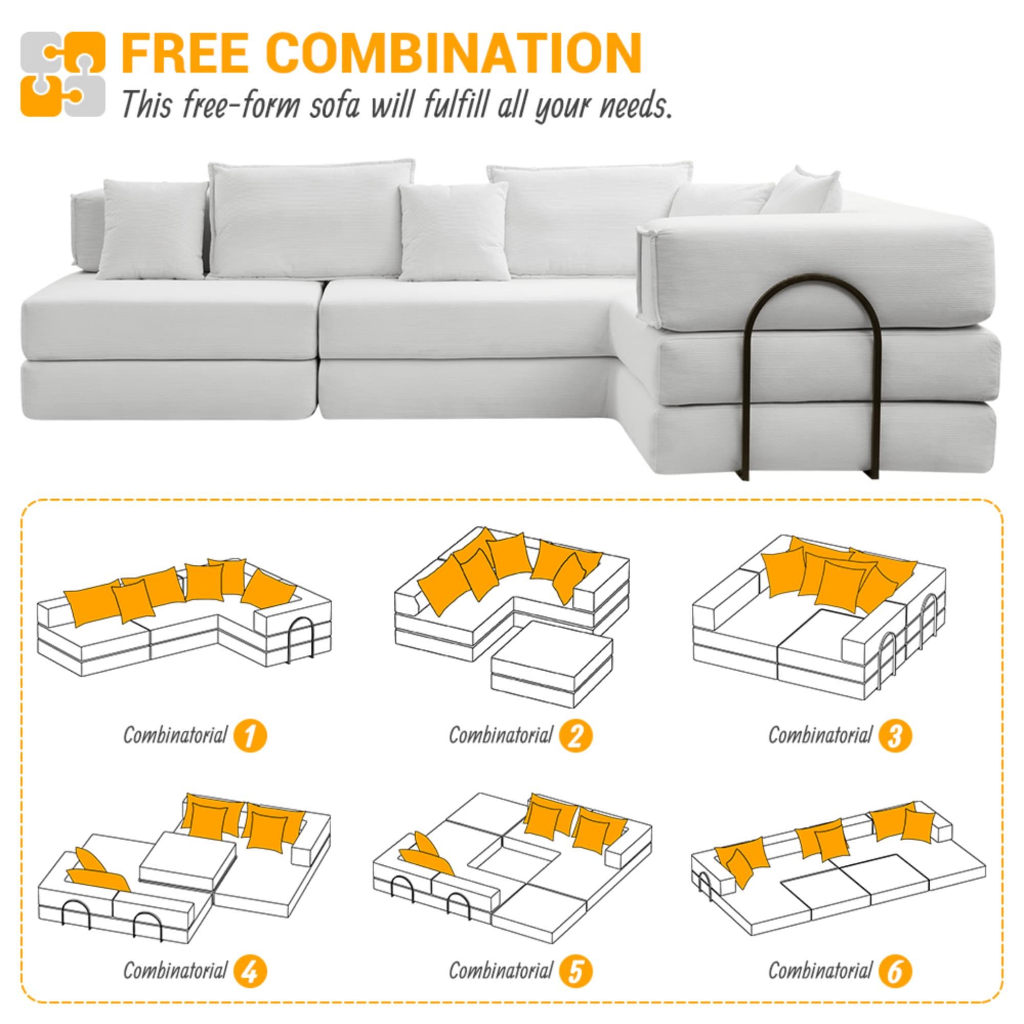 Modular L Shaped Floor Living Room Sofa Set With 6 Pillows