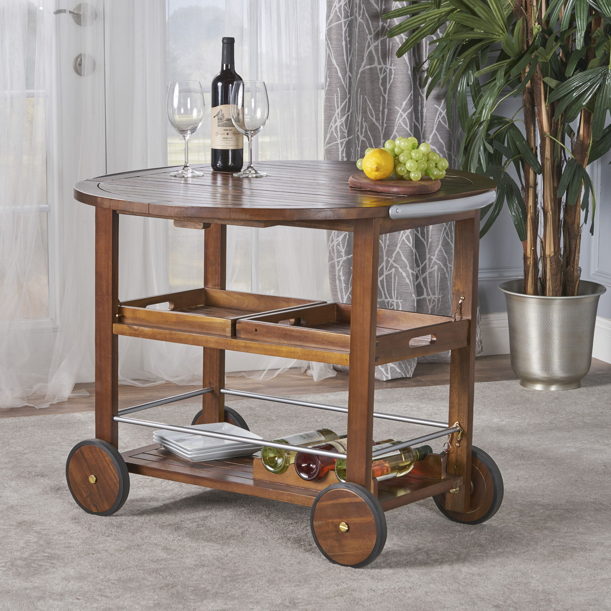 Wood And Aluminum Bar Cart With 2 Shelves - Oak / Silver
