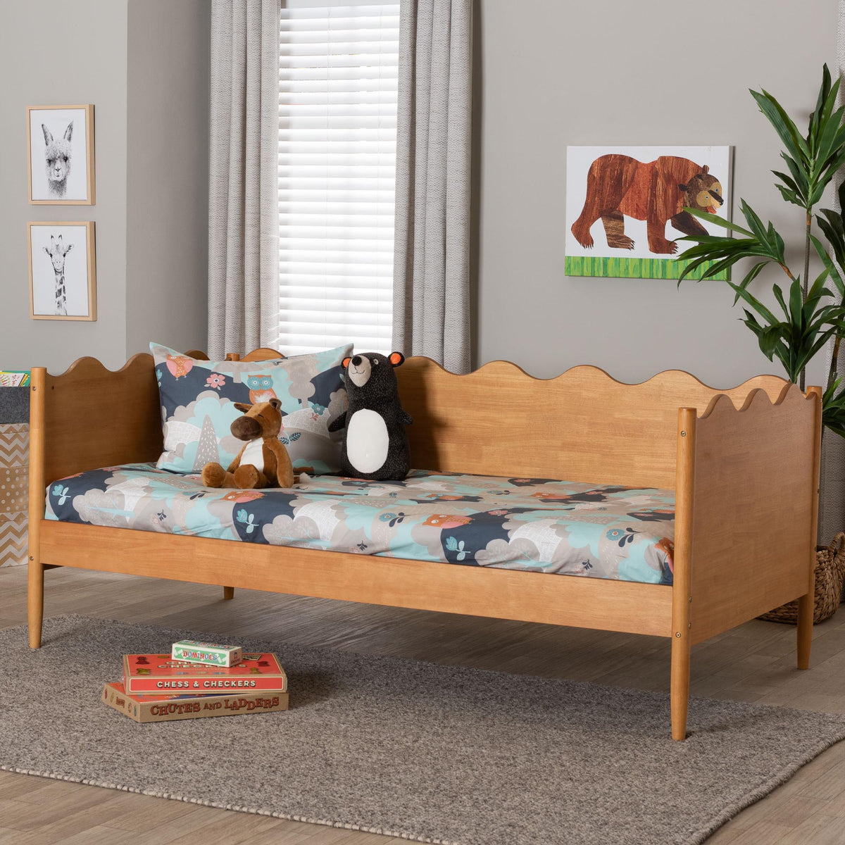 Malaya Modern Oak Brown Wood Twin Daybed with Scalloped Edges