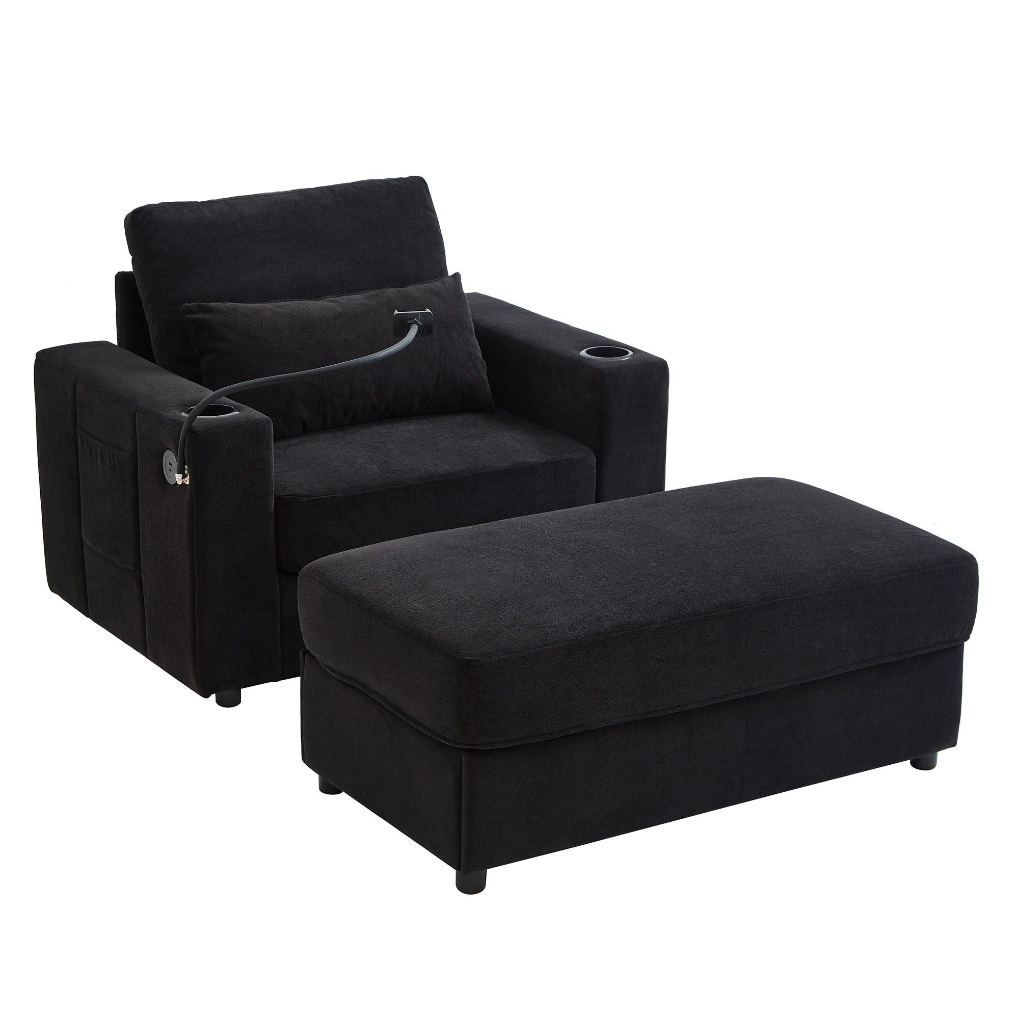 Modern Style Armchair Chaise Lounge Sofa Couch With Movable Storage Ottoman, USB Ports, Cup Holders, Phone Holder, Side Pockets
