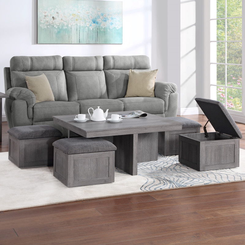 Moseberg Distressed Gray Coffee Table with Storage Stools and End Table Set