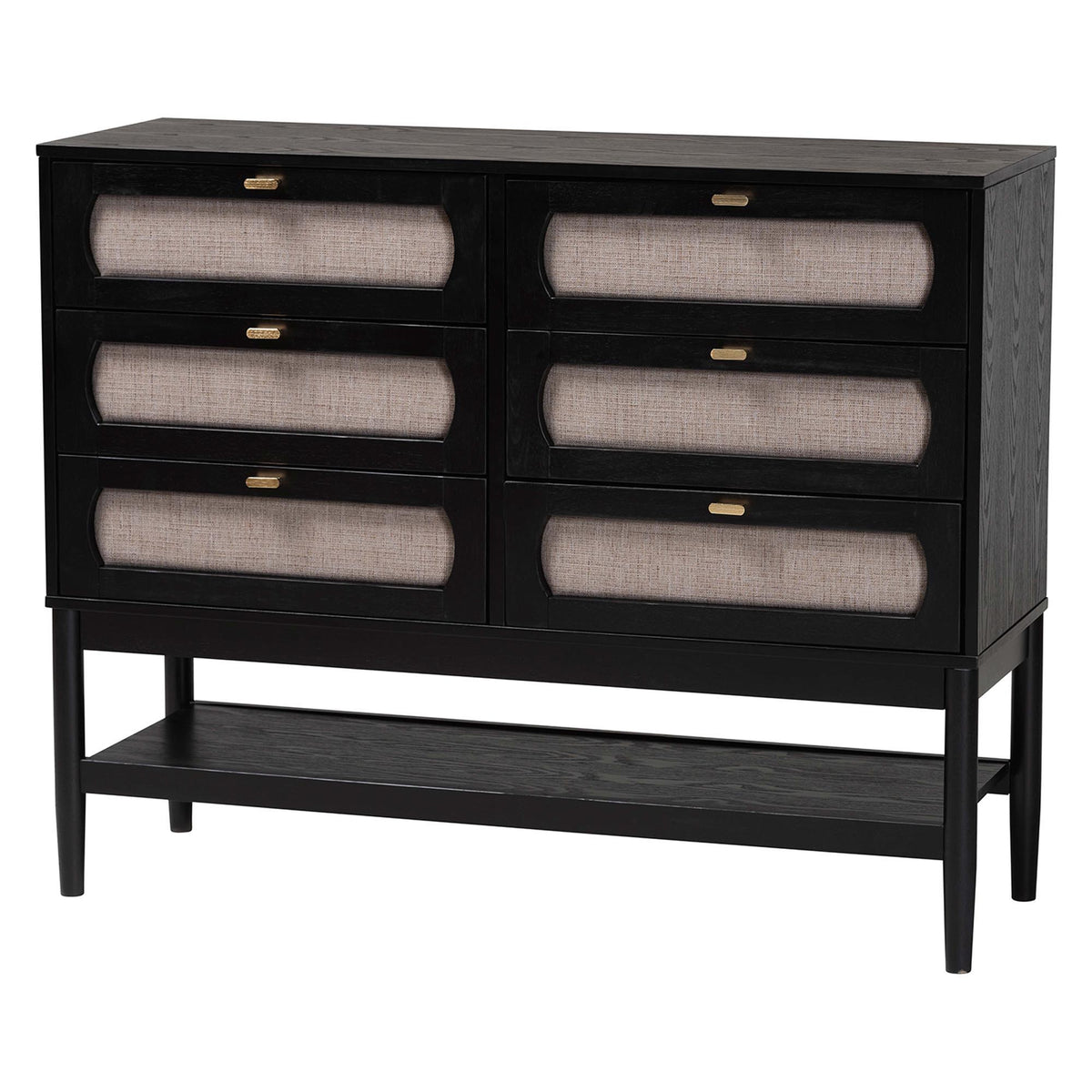 Shirin Mid-Century Beige Fabric and Black Wood Queen 4-Piece Bedroom Set