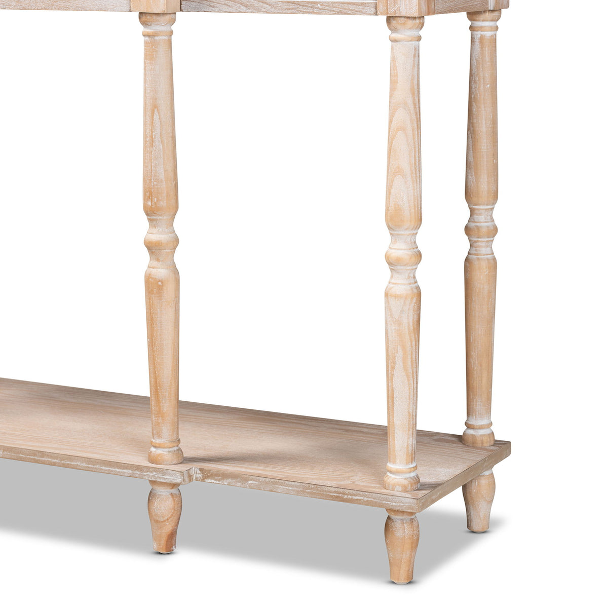 Hallan Classic and Traditional French Provincial Rustic Whitewashed Oak Brown Finished Wood 3-Drawer Console Table