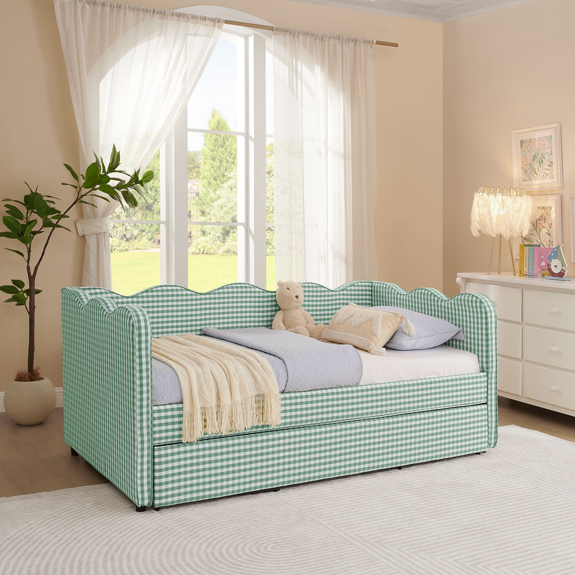 Gingham Daybed With USB Charging Port, Wave Shaped Design