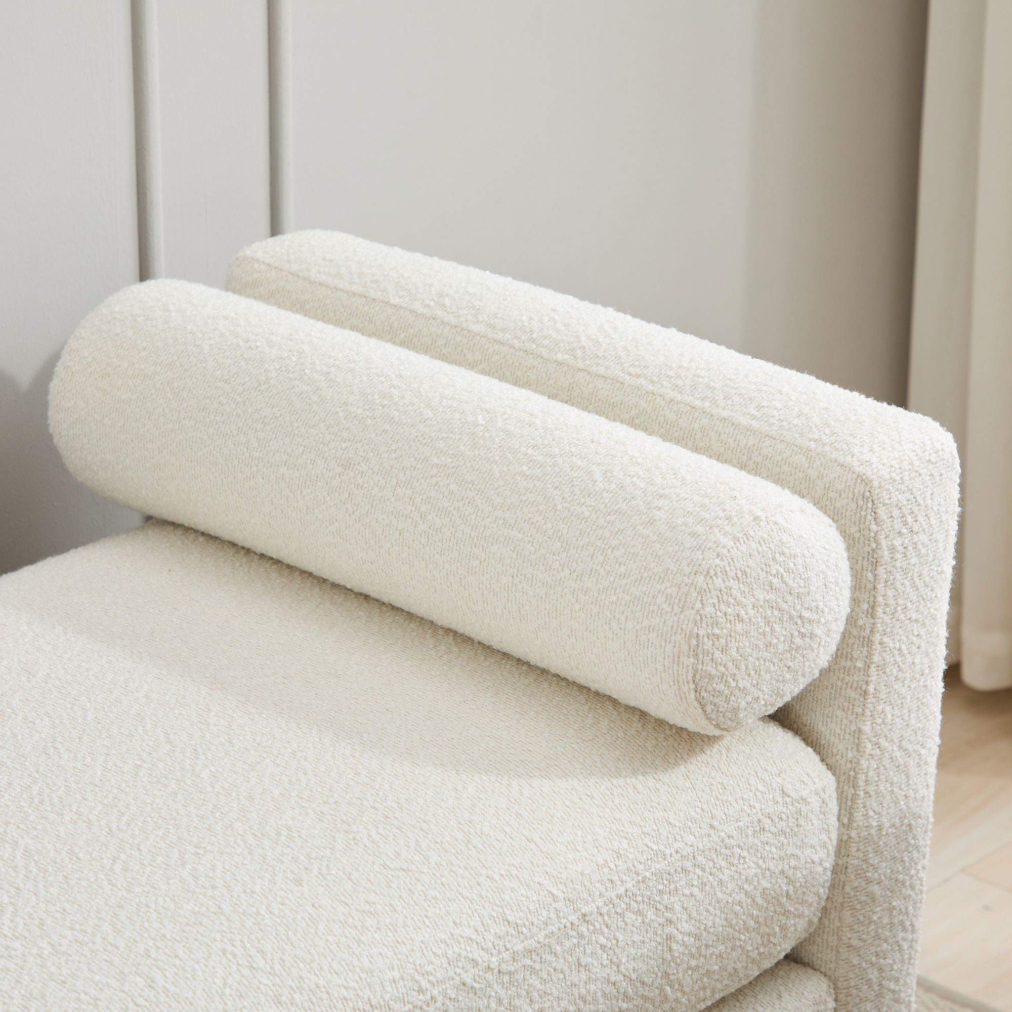 Elegant Upholstered Bench, Daybed, Ottoman With Wood Legs & Bolster Pillows - Ivory Boucle