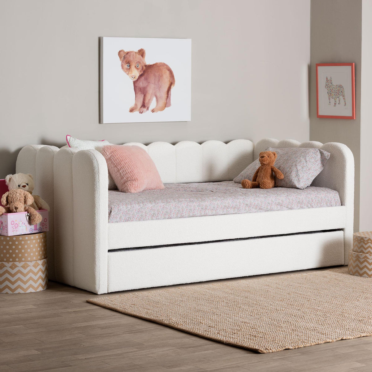 Palmer Cream Teddy-Bear Fabric Daybed with Rolling Trundle - Scalloped Edge Daybed with Plush Upholstery, Modern Sofa Bed for Bedroom or Guest Room, Twin