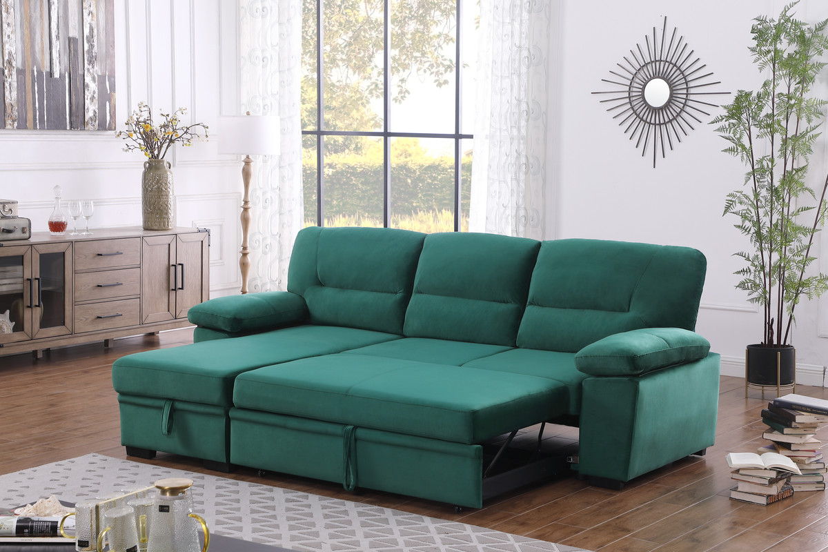 Kipling 97.5"W Green Velvet Fabric Reversible Sleeper Sectional Sofa Chaise