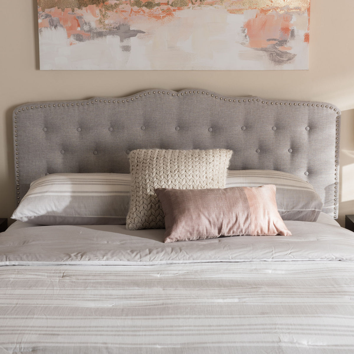 Lucy Modern and Contemporary Greyish Beige Fabric Queen Size Headboard