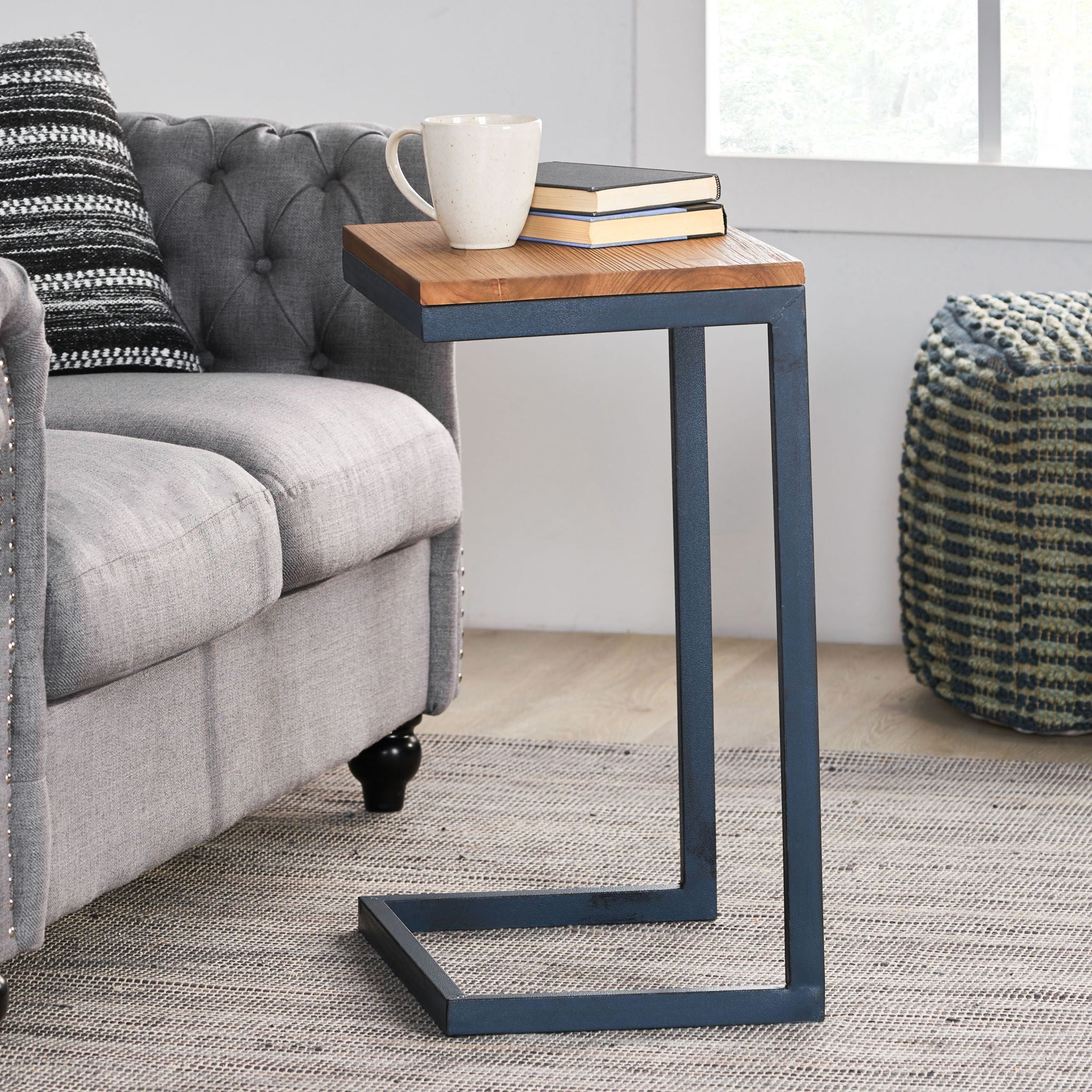 C Shaped End Table With Iron Base And Fir Wood To