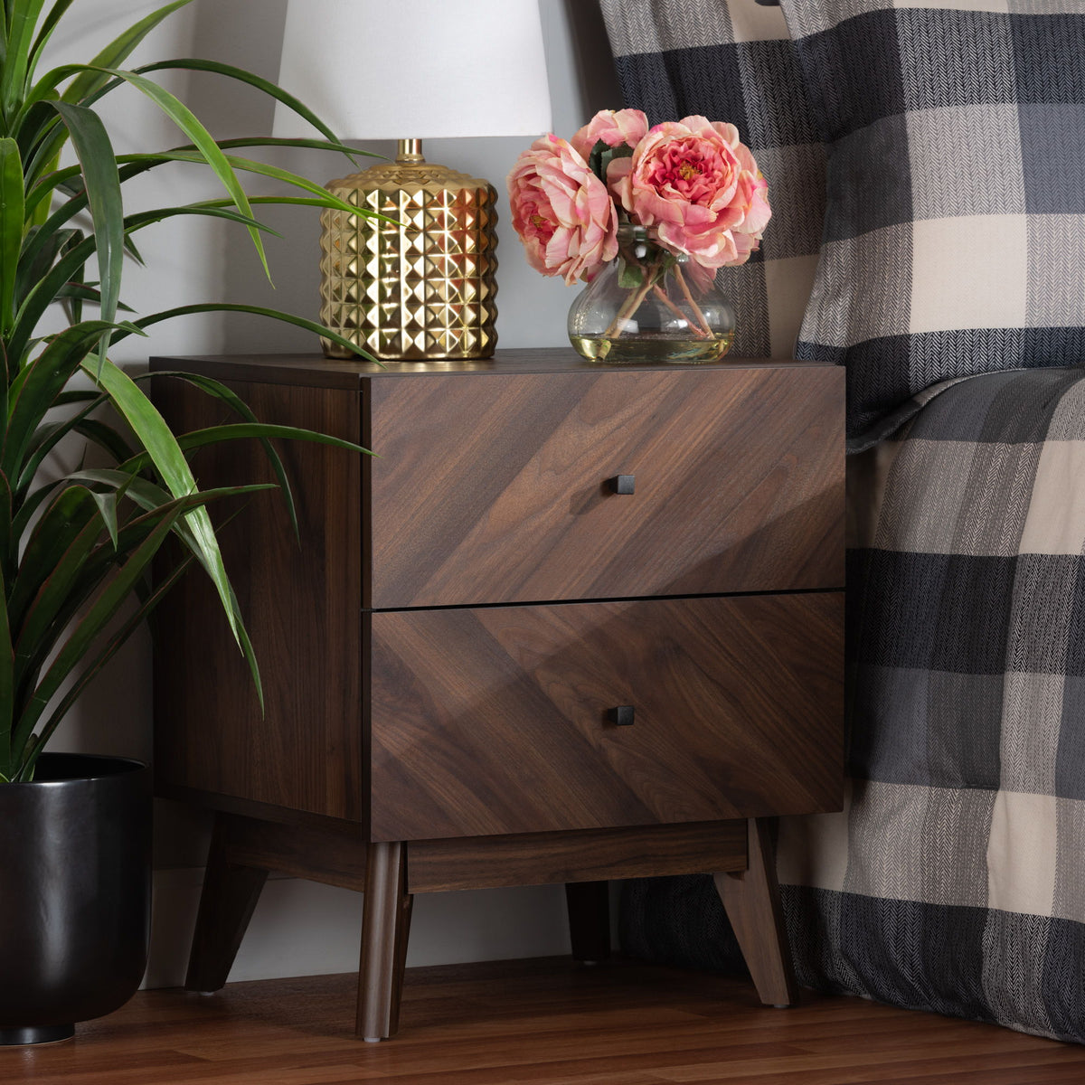 Hartman Mid-Century Modern Walnut Brown Finished Wood 2-Drawer Nightstand