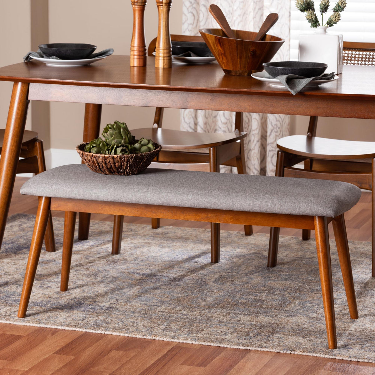 Flora Mid-Century Modern Light Grey Fabric and "Oak" Medium Brown Finishing Wood Dining Bench
