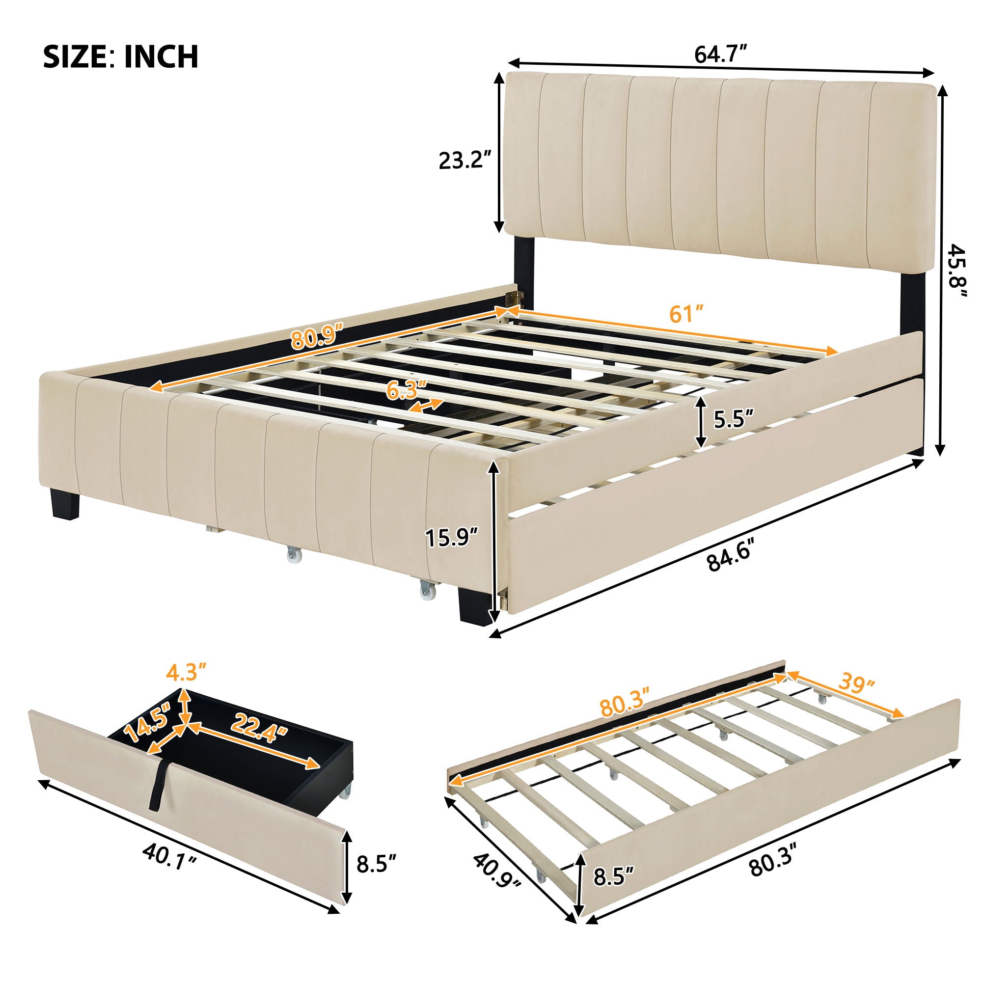 Platform UpholsteredBed With 2 Drawers And Twin Long Trundle