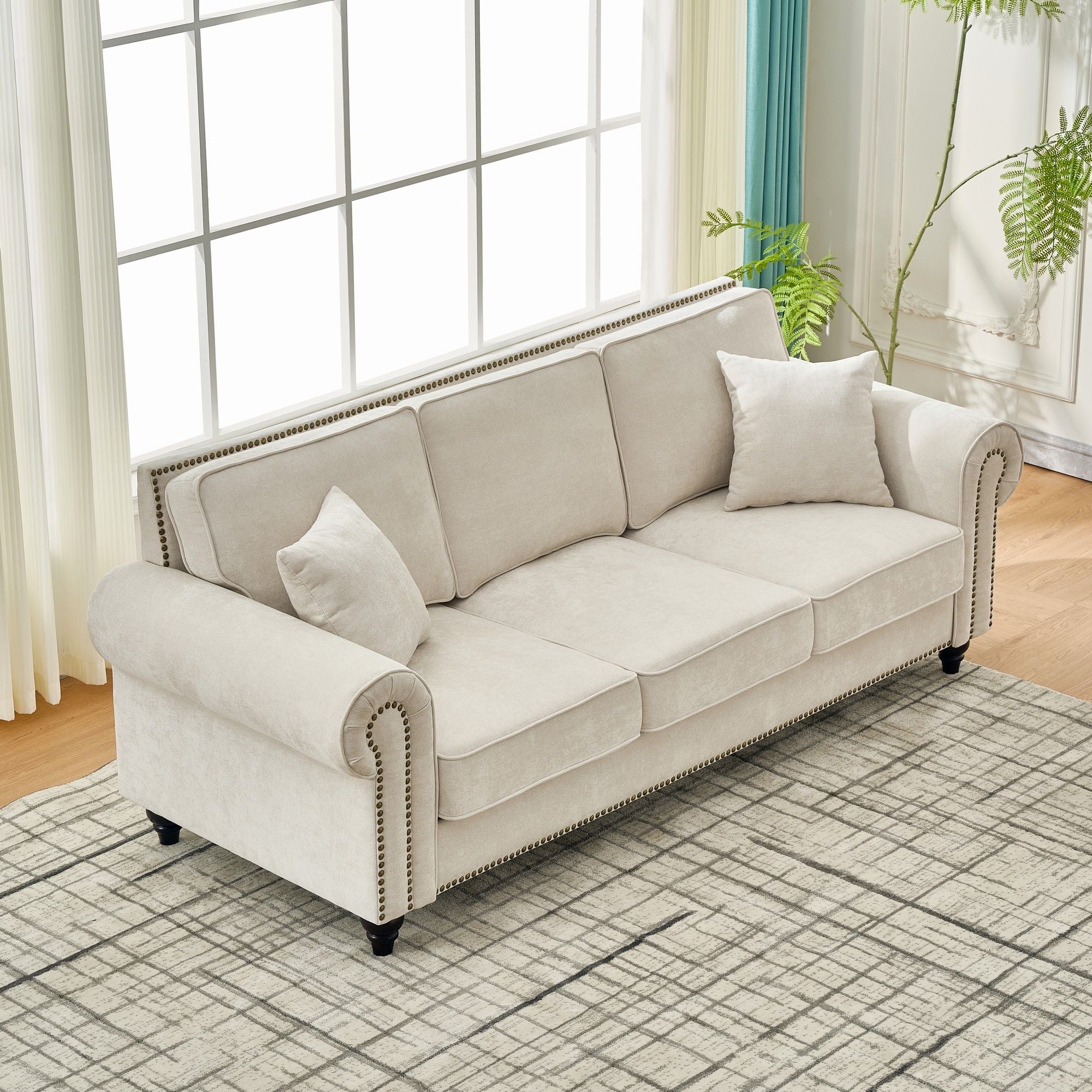 3 Seater Sofa With Tufted Upholstery, Rolled Arms, Nailhead Trim