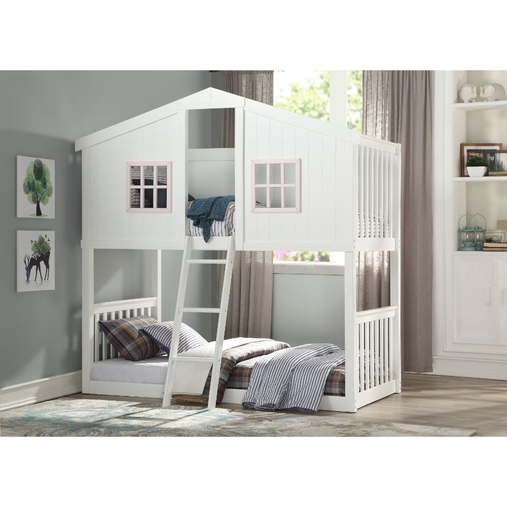 ACME Rohan - Cottage Twin Over Twin Bunk Bed - White & Pink | Meri Furniture