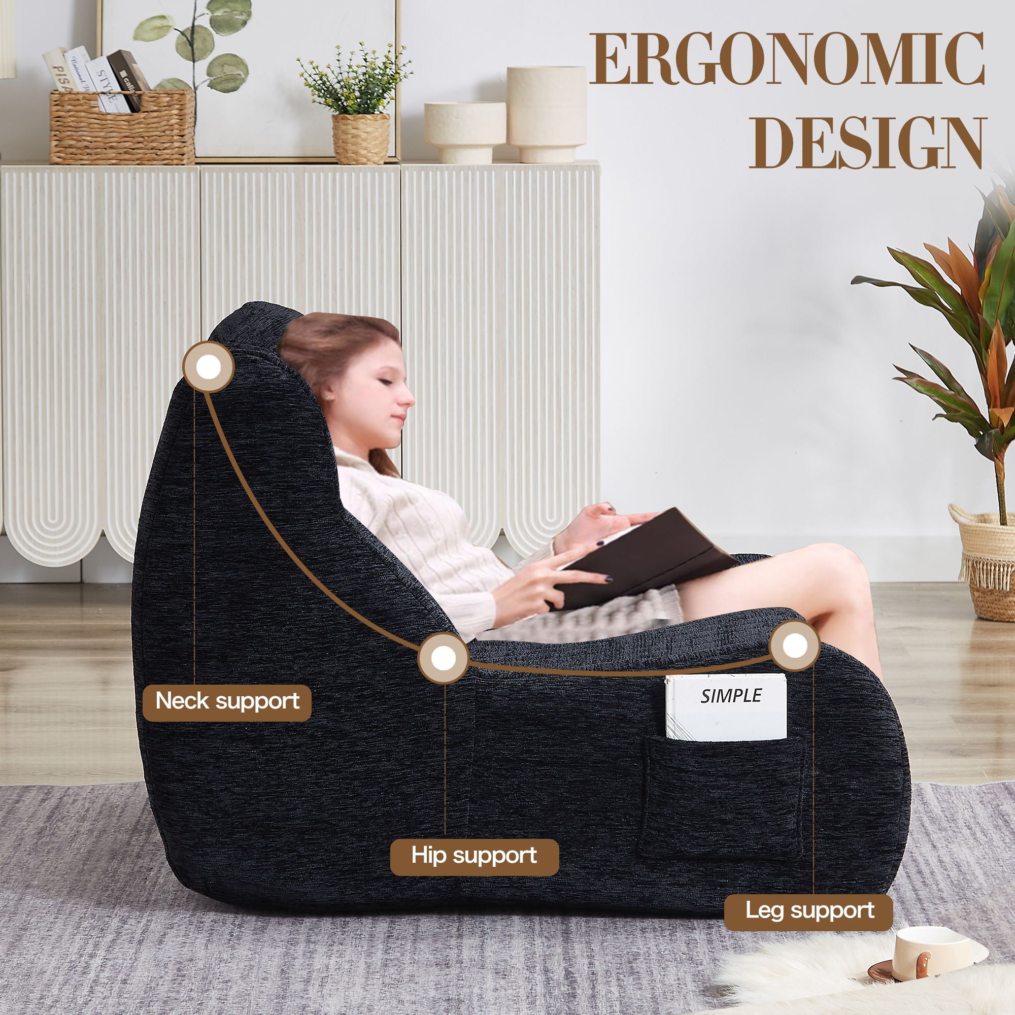 Bean Bag Chair With Armrests Oversized Comfy Beanbag Lounge Lazy Floor Sofa Accent Chair For Living Room - Black
