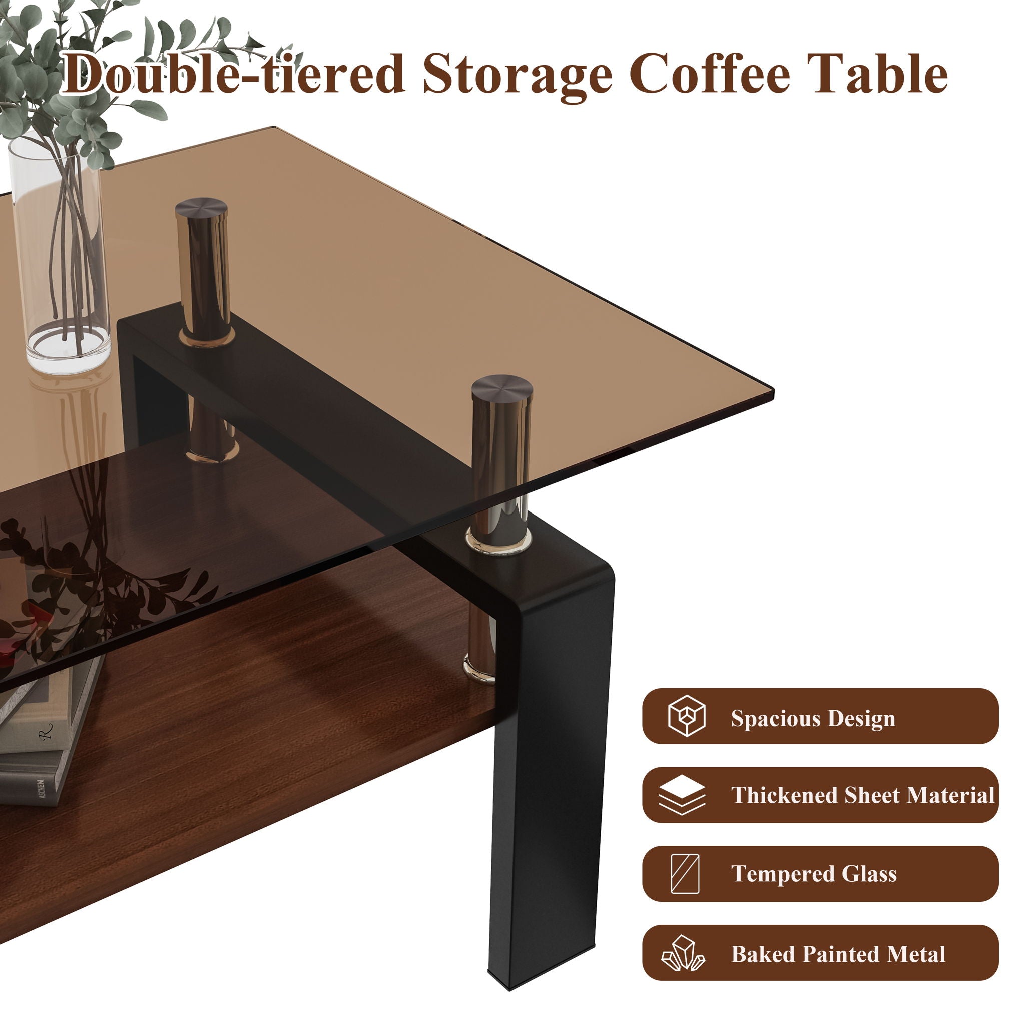 Modern Rectangular Coffee Table With Tempered Glass Top