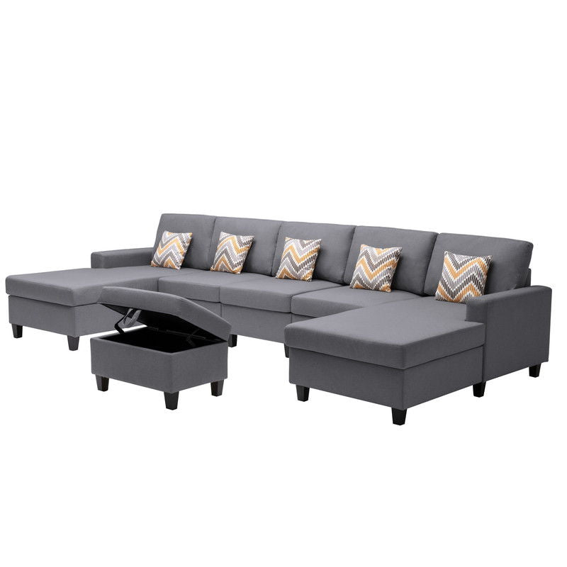 Nolan 152"W Gray Linen Fabric 6Pc Double Chaise Sectional Sofa with Interchangeable Legs, Storage Ottoman, and Pillows