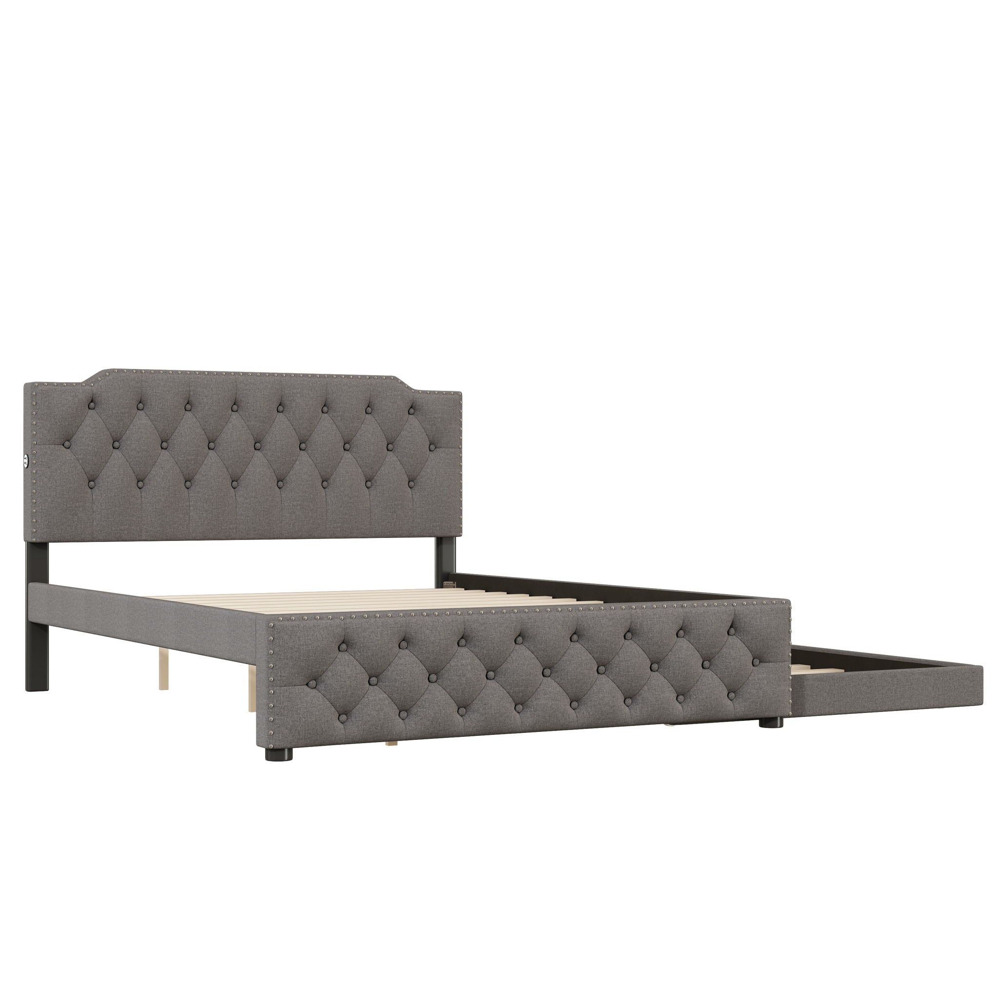 Upholstered Platform Bed With Trundle And 2 Sets Of USB Ports On Each Side, Linen Fabric