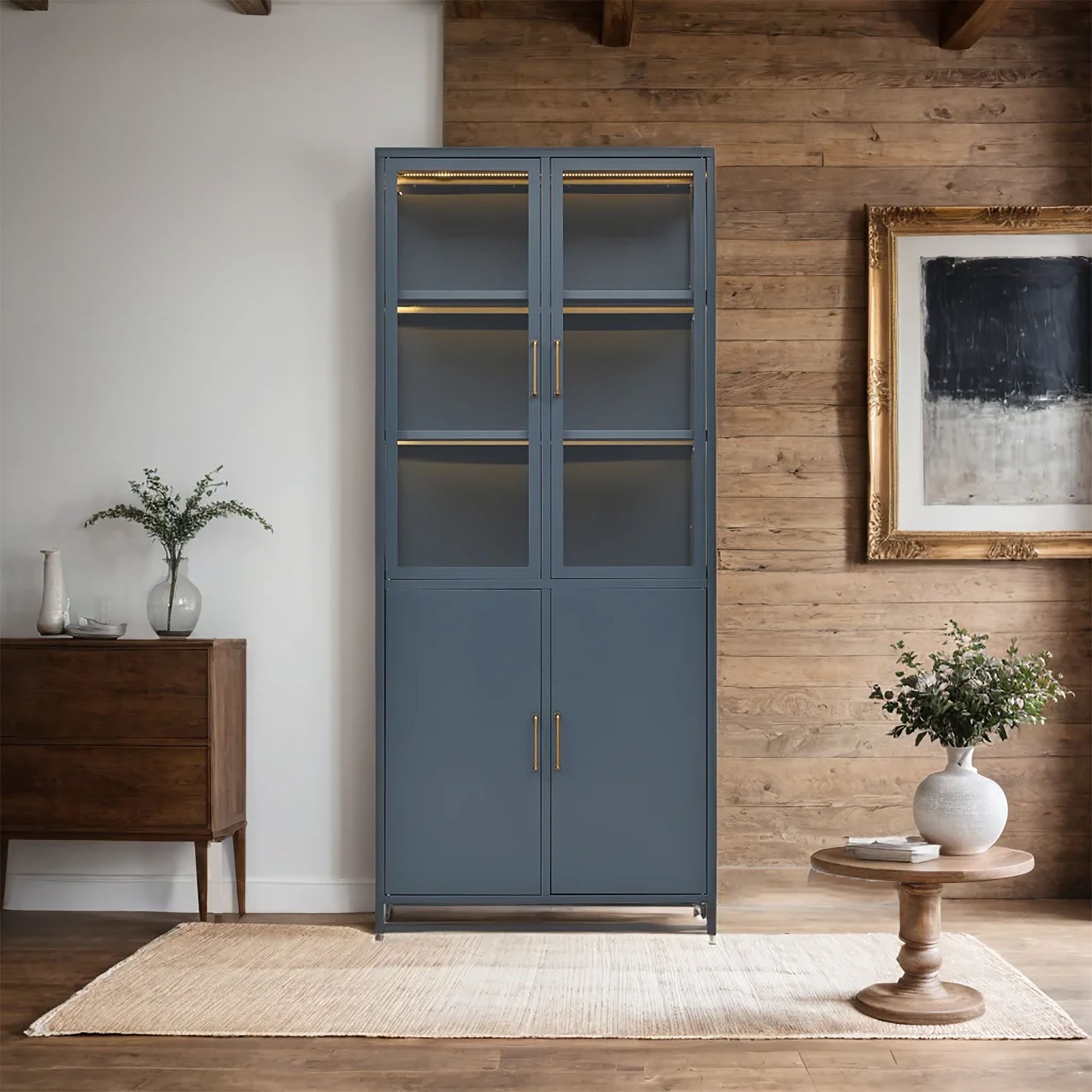 Modern Style Tall Steel Display Cabinet With Double Glass Doors, LED Lights