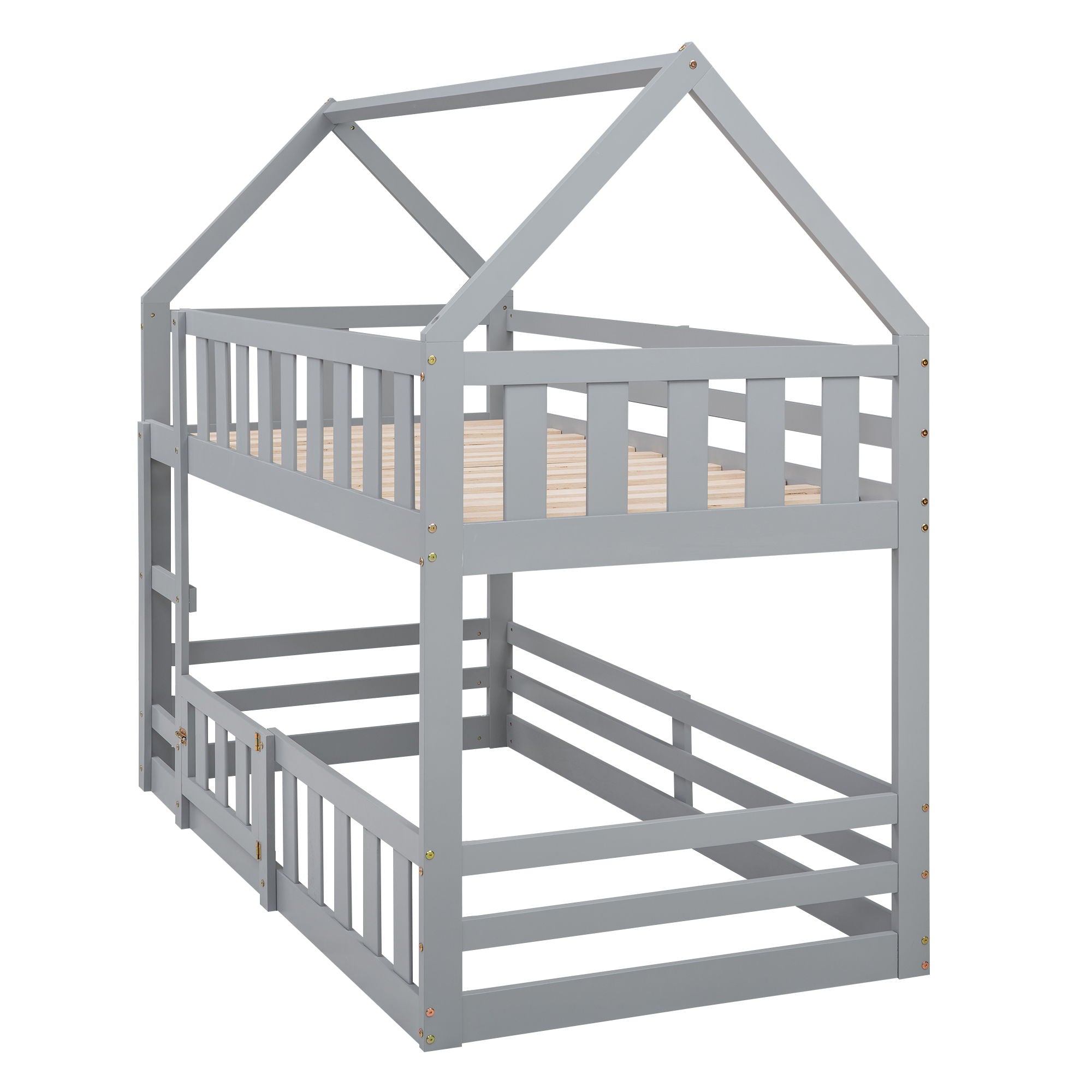 Twin Over Twin House Bunk Bed With Fence And Door