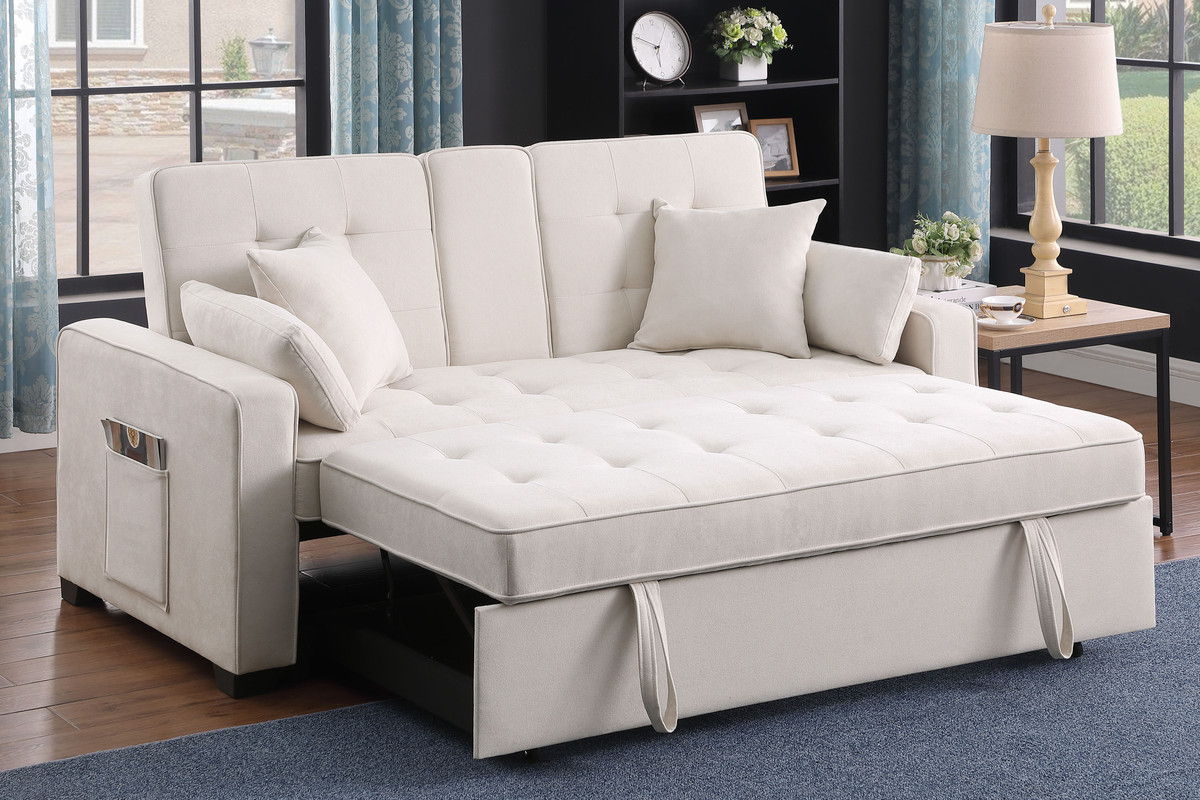 Cody II 70"W Beige Woven Fabric Convertible Sleeper Loveseat with Dropdown Console, Cup Holders, Charging Ports, Pocket, and Pocket Coil Seating