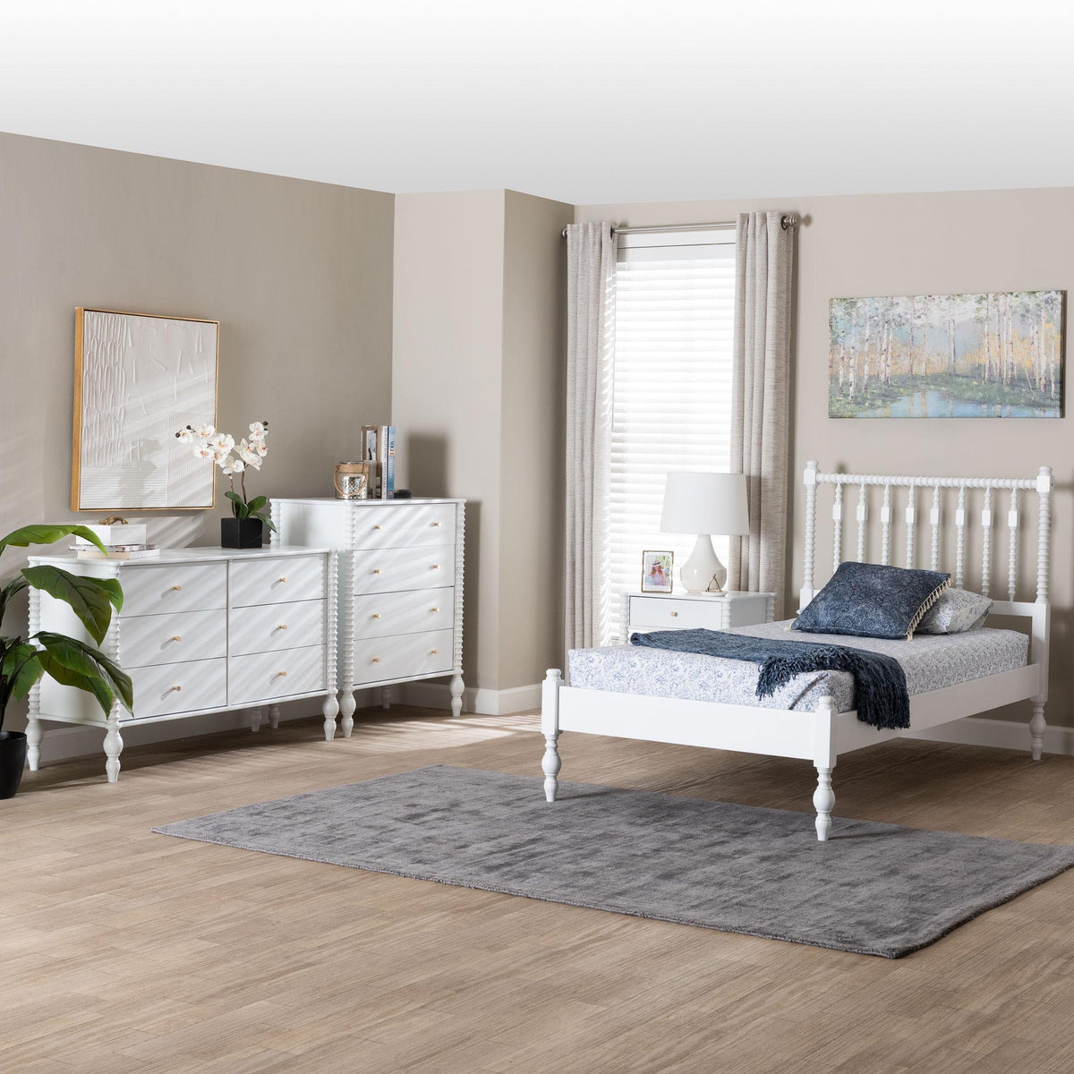 Denita Spindle 4-Piece Bedroom Set - Farmhouse Platform Bed with Matching Dresser, Chest, and 1-Drawer Nightstand, White, Twin