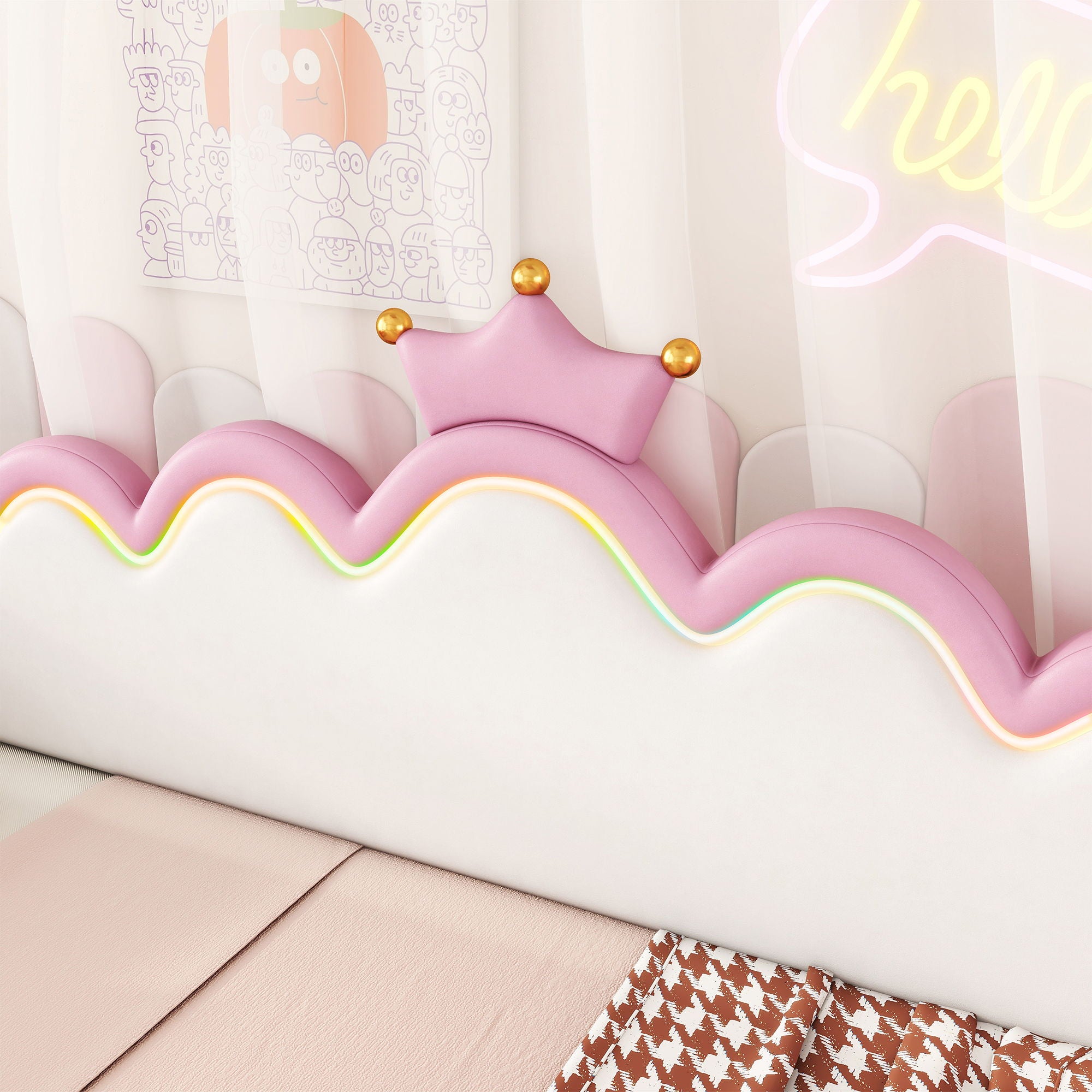 Extending Daybed With LED Lights, Modern Upholstered Princess Daybed With Crown Headboard