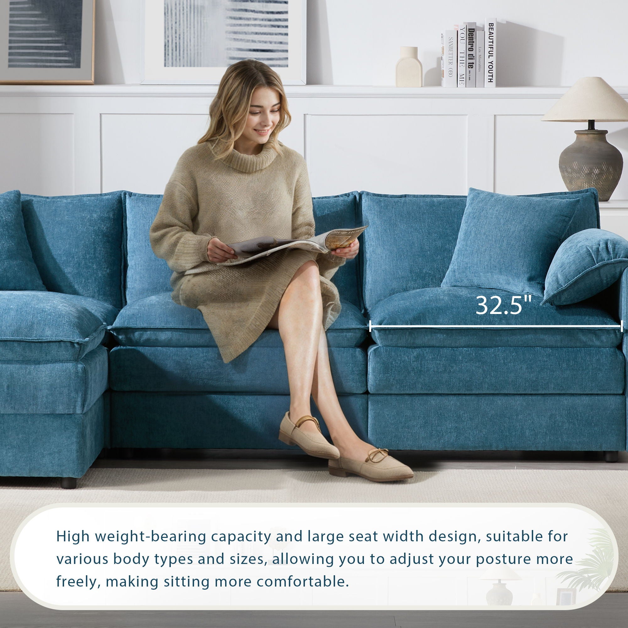 Modular Sectional With Deep And Wide Seat, Cloud Couch Set With Double Cushions Sofa With Movable Ottoman