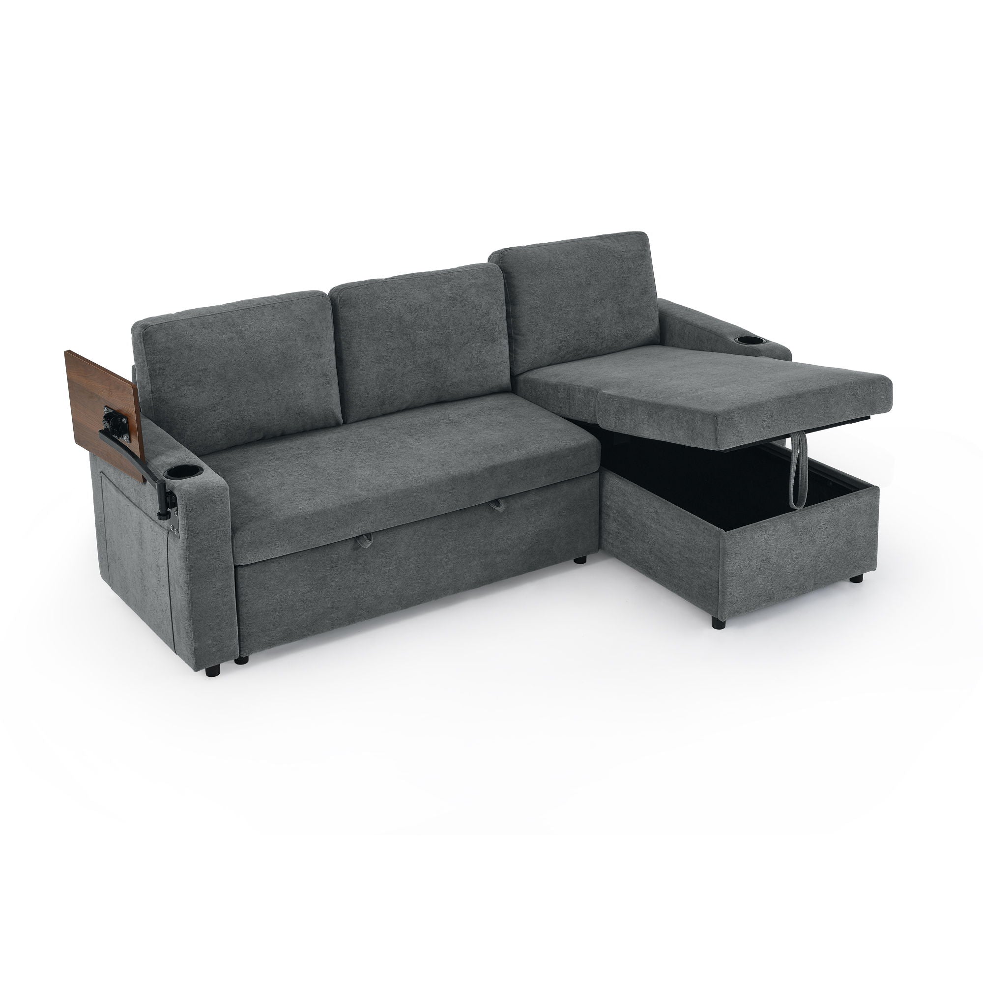 Multi Functional Pull Out Bed Sofa With Retractable Table, LED Lighting, USB Charging Ports & Cup Holders