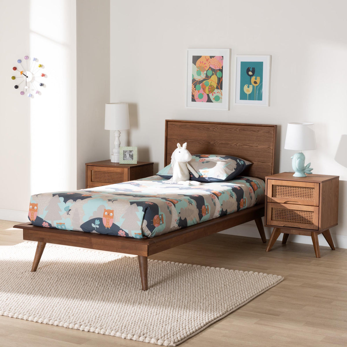 Melora Mid-Century Modern Walnut Brown Finished Wood and Rattan Twin Size 3-Piece Bedroom Set