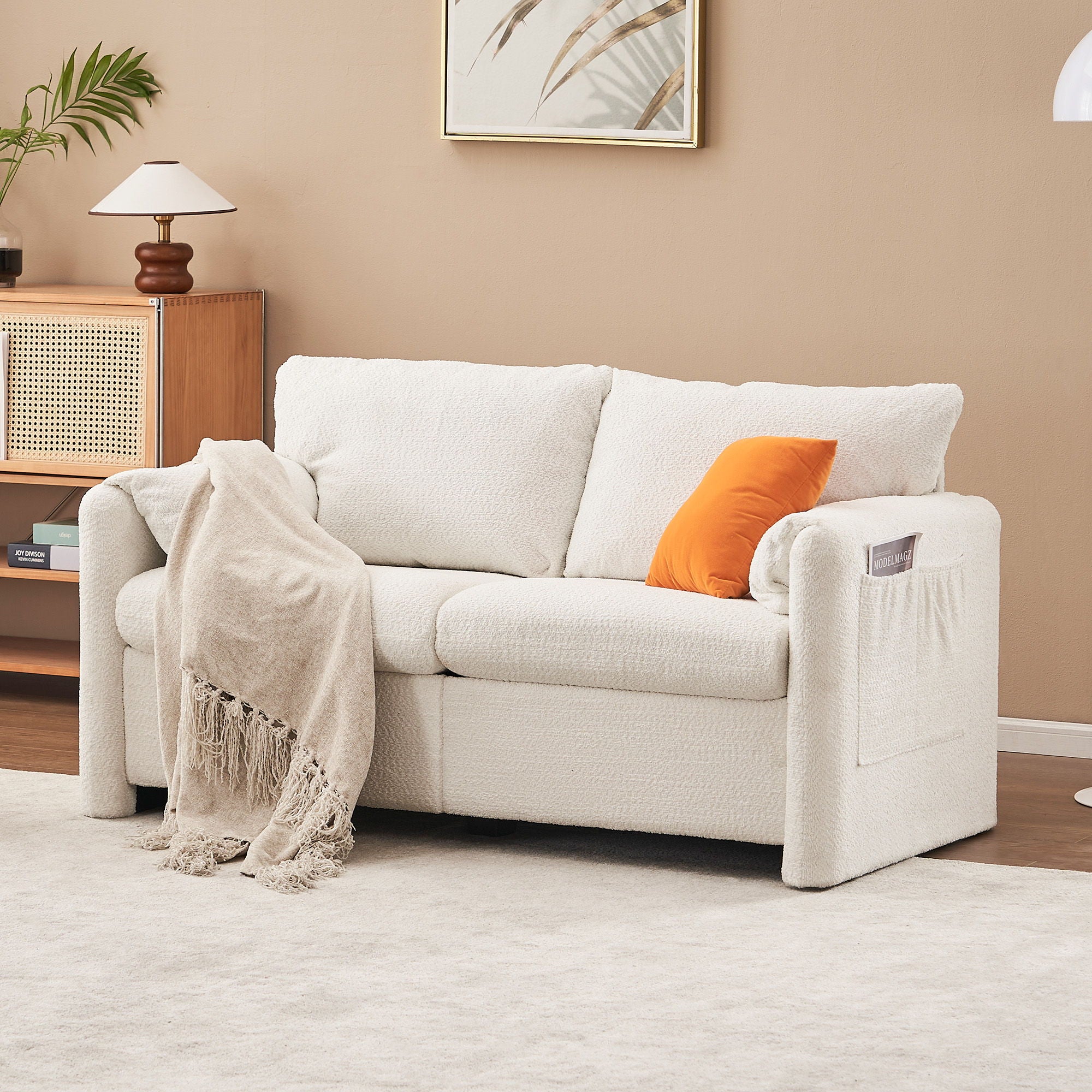 Modern Loveseat Sofa 2 Seater Plush Chenille Fabric Couch With High Density Foam Cushions - Ivory White