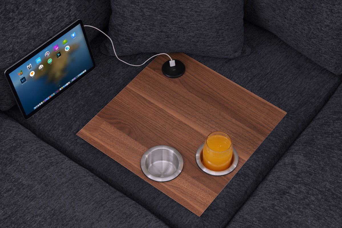 Celine 128"W Charcoal Chenille Fabric Corner Sectional Sofa with Right-Facing Chaise, Cupholders, and Charging Ports