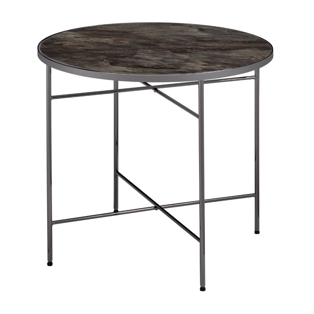 ACME The Bage occasional collection express your hipness with stylish industrial inspired design, its top is the perfect match for your living room space. Its banded edge gives it a solid look setting on the 3 "V" dark metal legs. | Meri Furniture