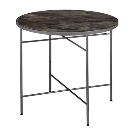 The Bage occasional collection express your hipness with stylish industrial inspired design, its top is the perfect match for your living room space. Its banded edge gives it a solid look setting on the 3 "V" dark metal legs.