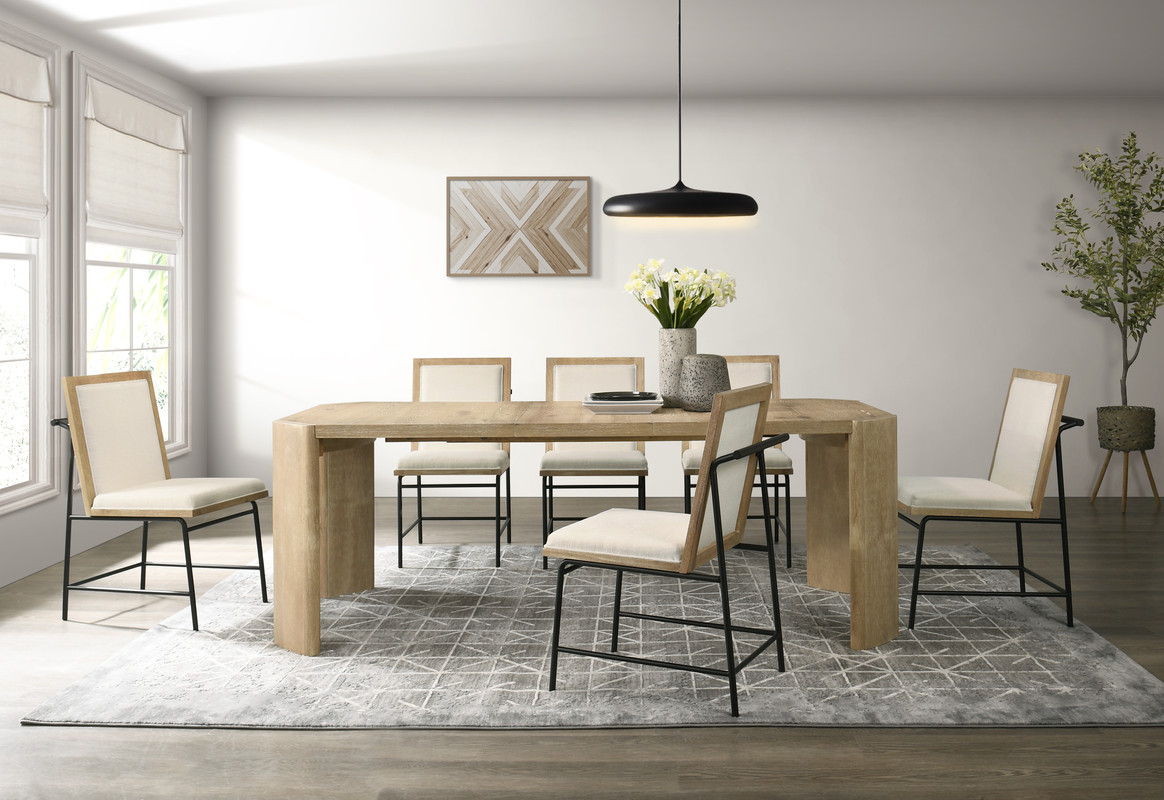 Magnus 66" Oak Finish Extendable Rectangular Dining Table Set with Cream Color Upholstered Chairs