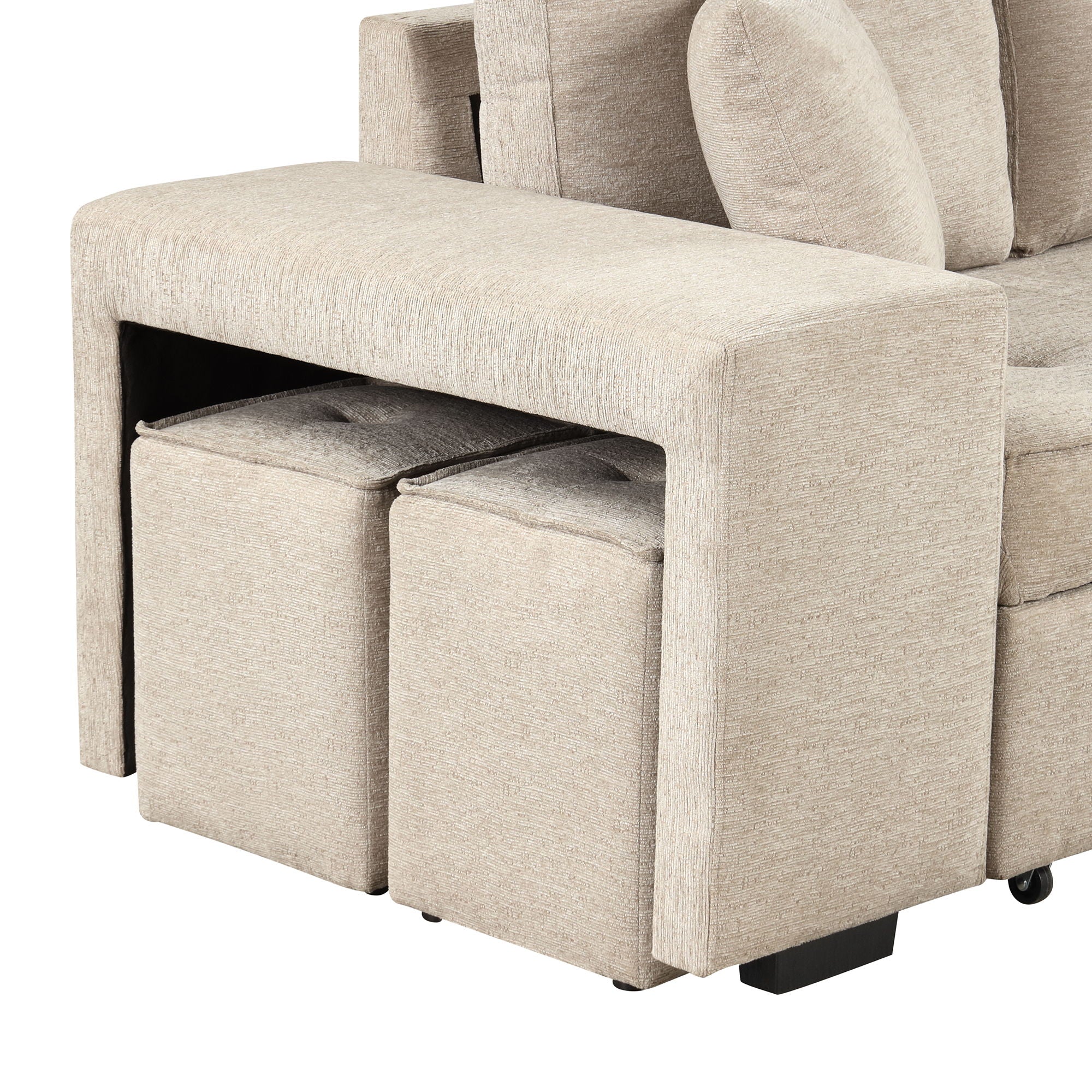 Modern L-Shape 3 Seat Reversible Sectional Couch, Pull Out Sleeper Sofa With Storage Chaise And 2 Stools For Living Room Furniture Set