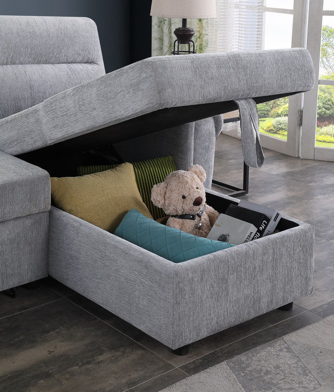 Hugo 97"W Light Gray Chenille Reversible Sleeper Sectional Sofa Chaise with USB Chargers, Phone/Magazine Pockets