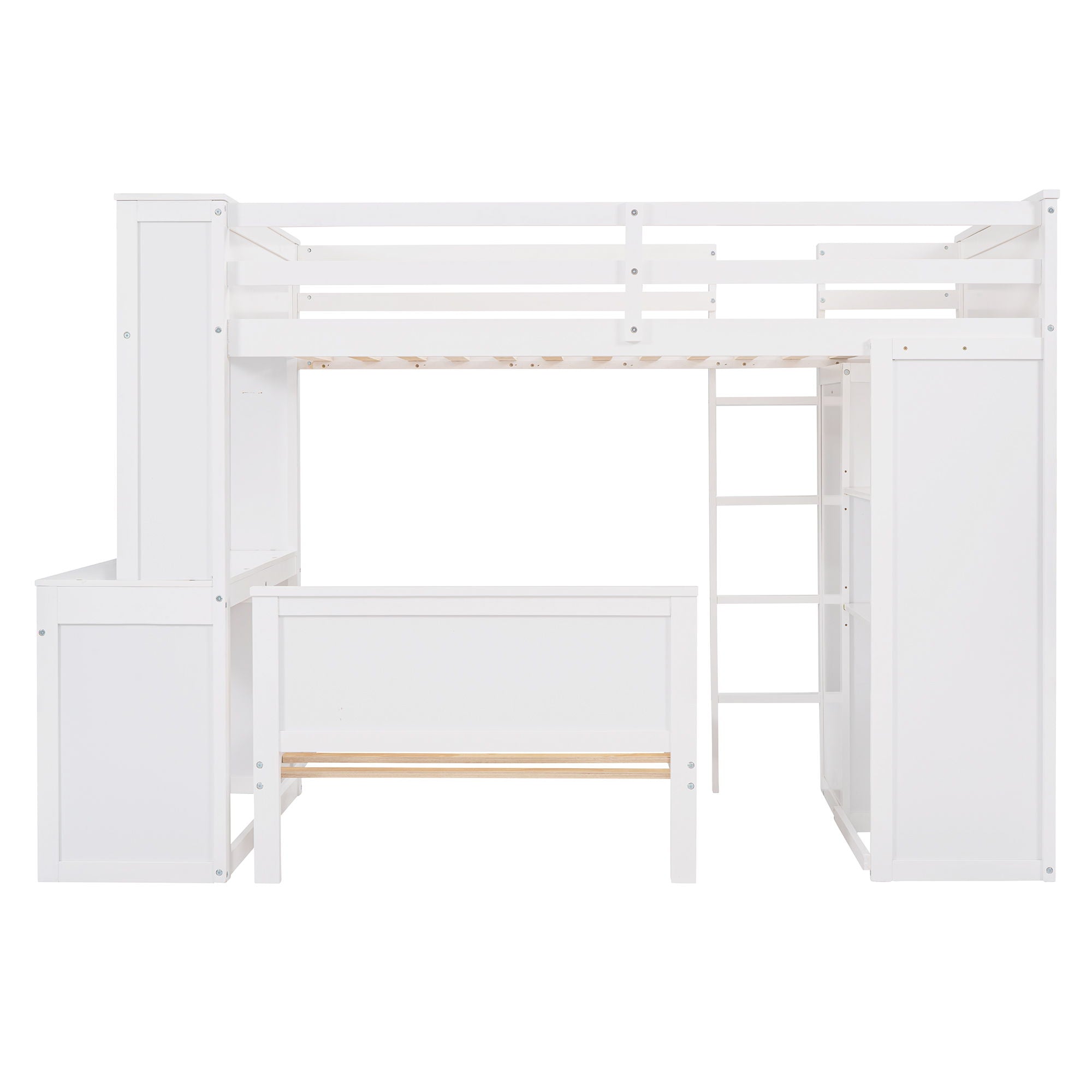 Loft Bed With A Stand Alone Bed, Shelves, Desk, And Wardrobe