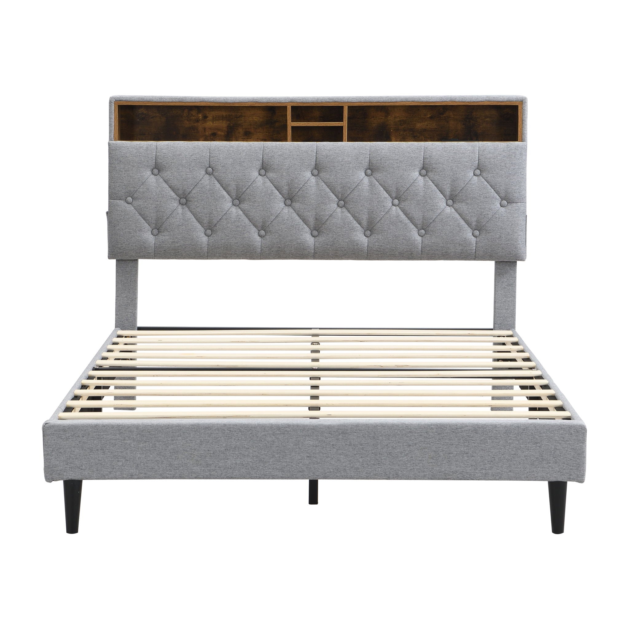 Modern Upholstered Platform Bed Frame With Button Tufted Headboard And USB Ports