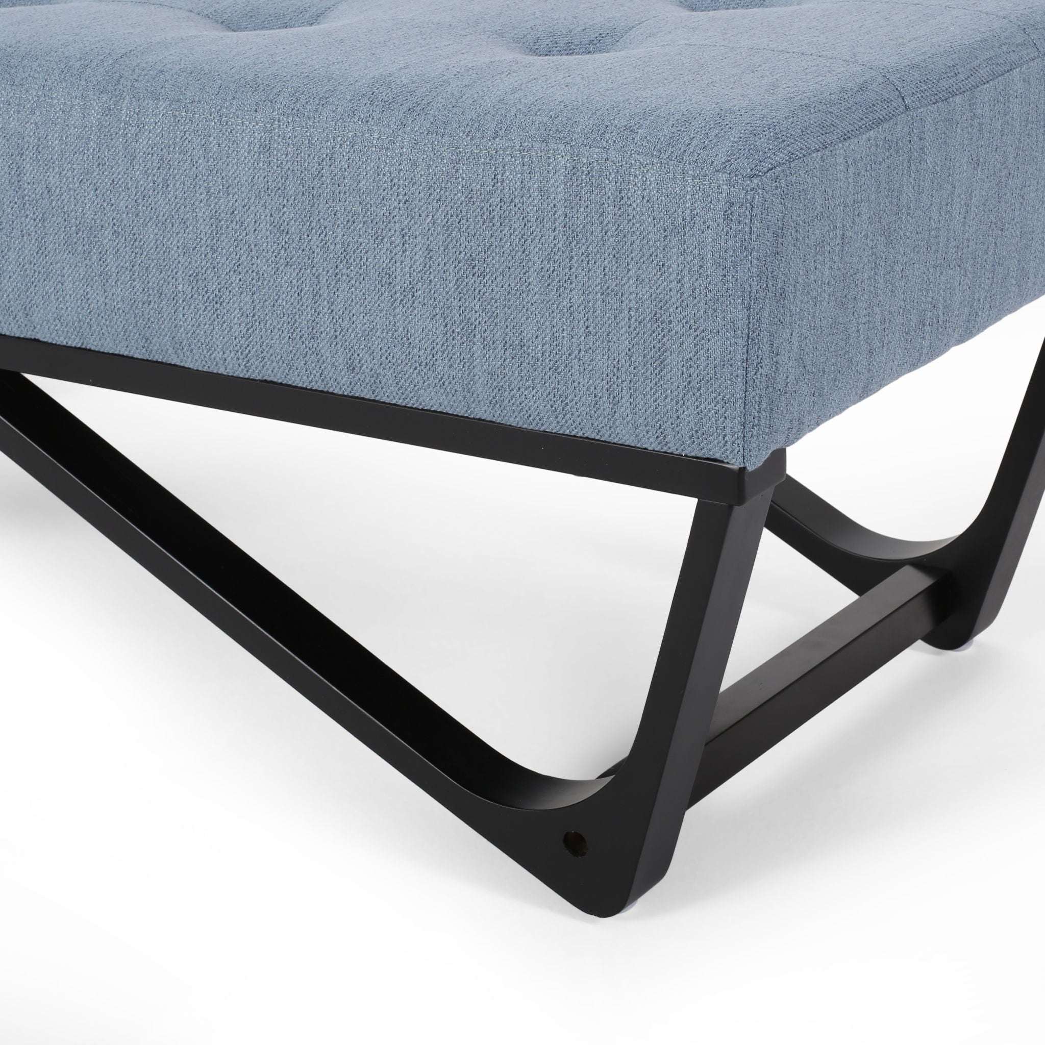 Upholstered Ottoman With Button Tufted Waffle Stitch And Black Geometric Legs - Light Blue