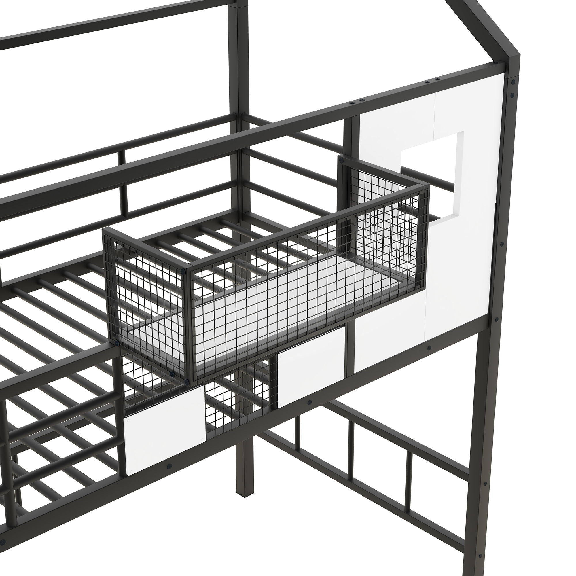 Metal Loft Bed With Roof Design And Storage Box With Guardrails And Integrated Ladder