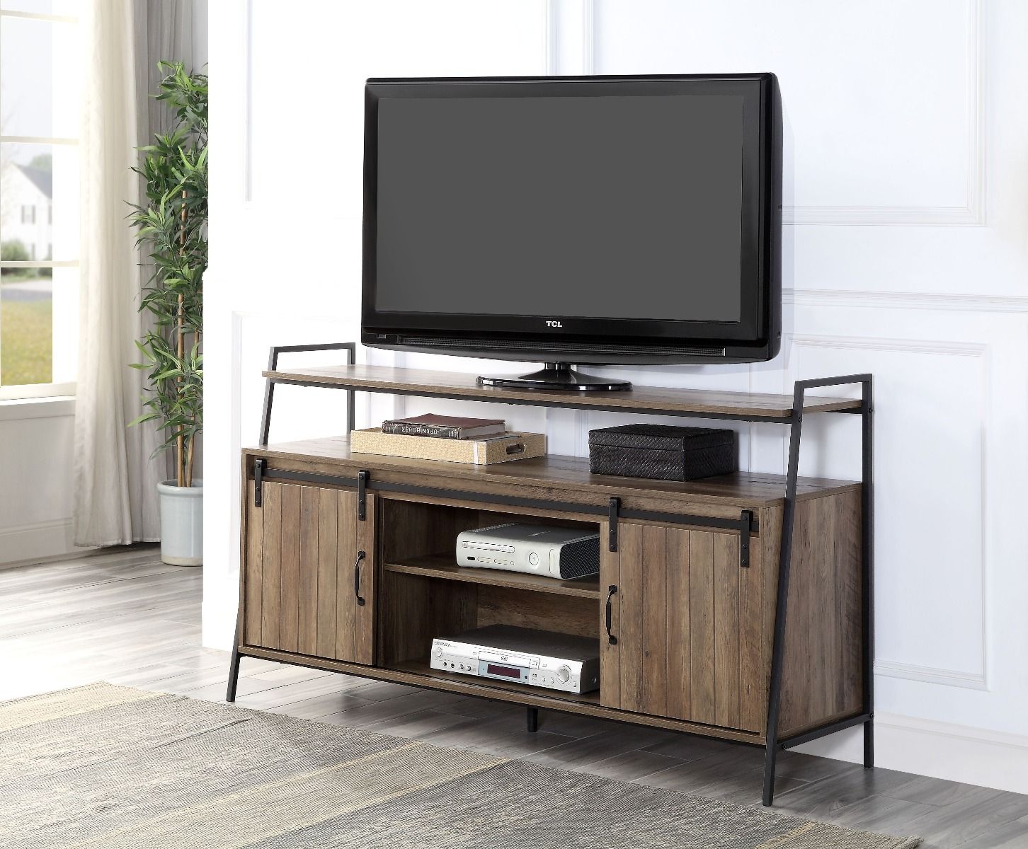 ACME Rashawn TV Stand - Rustic Oak & Black Finish | Meri Furniture