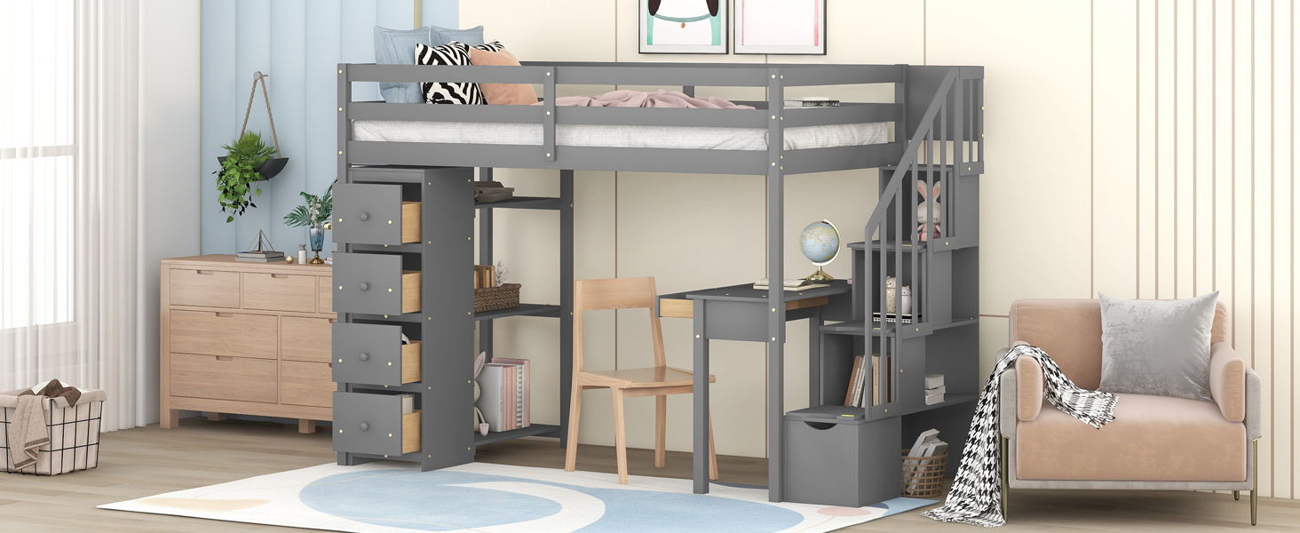 Loft Bed With Storage Drawers, Desk And Stairs With Shelves