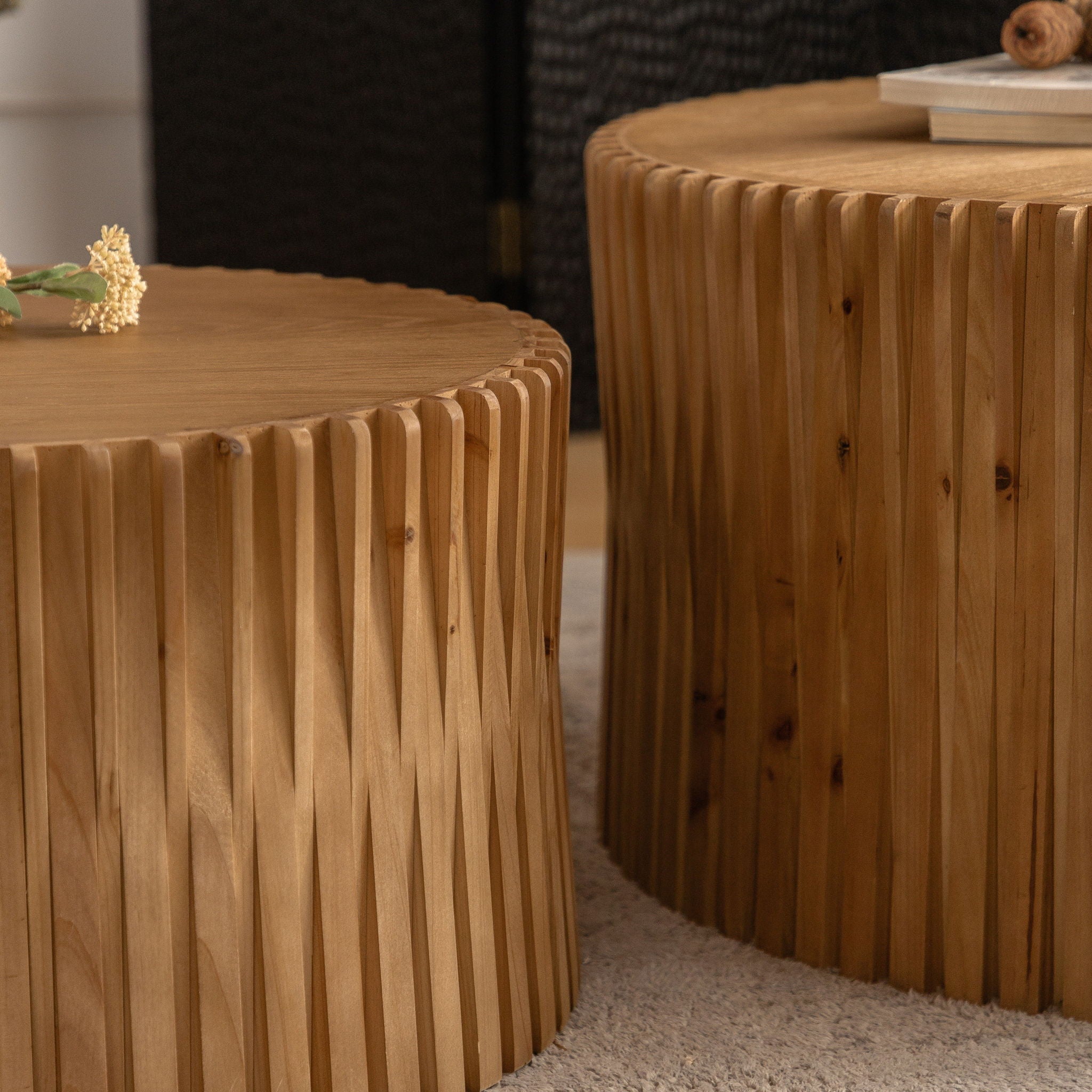 Cylindrical Coffee Table With Vertical Texture Relief