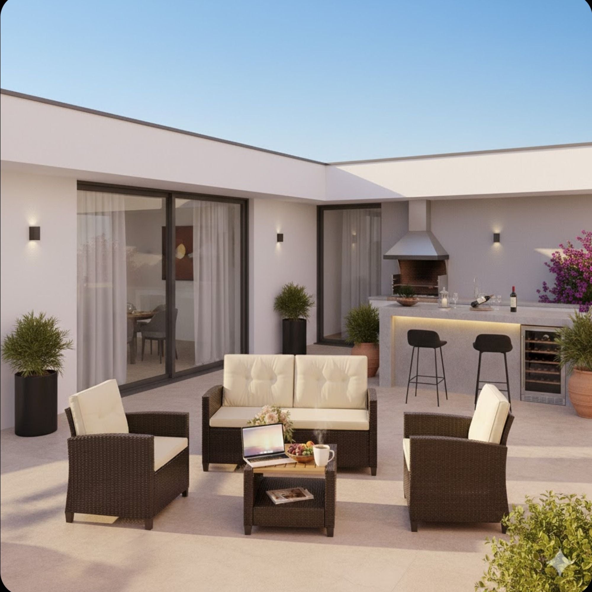 Modern All-Weather Patio Set With Cushions And Table
